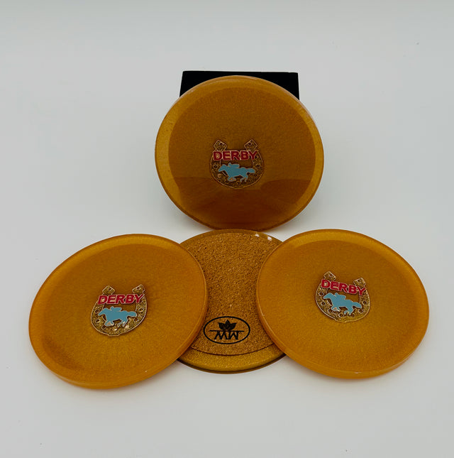 Handcrafted Gold Resin Coasters with Derby Pin Inlay, Set of 4