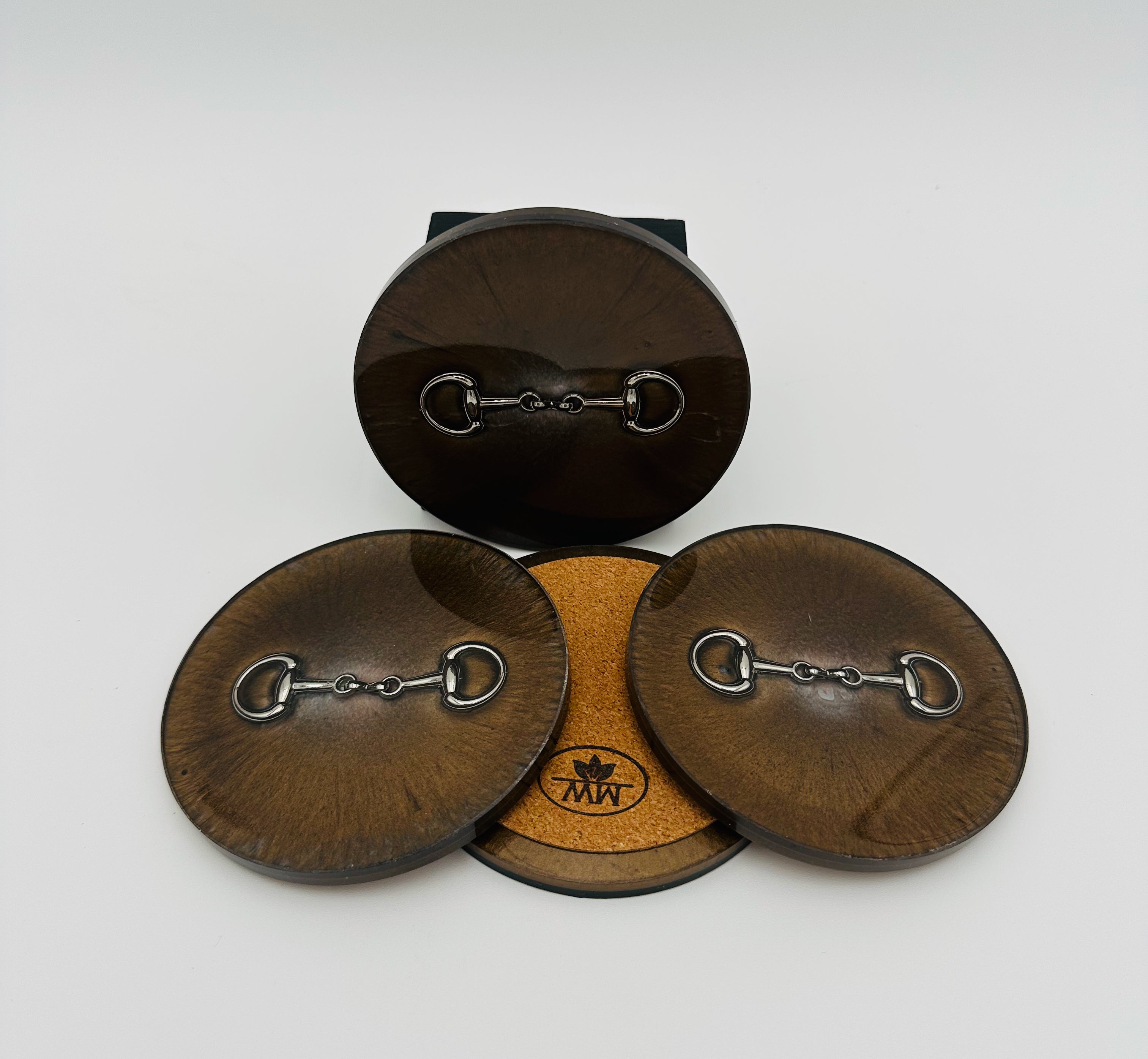 Handcrafted Bronze and Silver Resin Coasters with Silver Bridle Bit Inlay, Set of 4