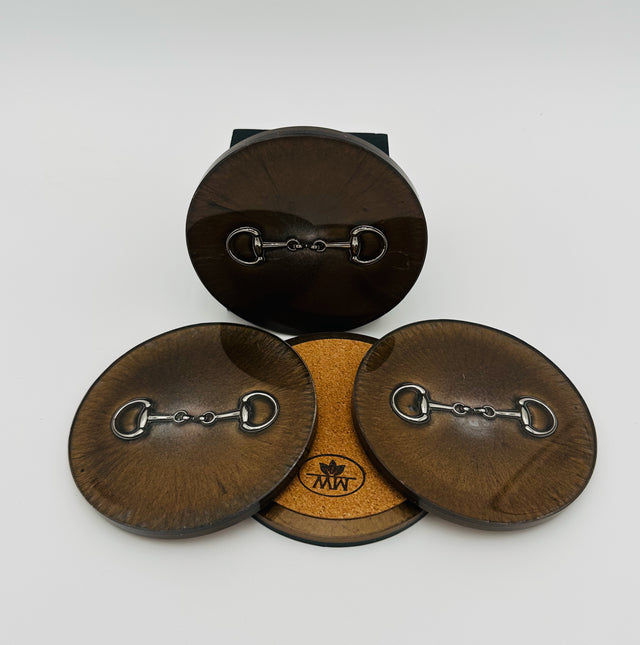 Handcrafted Bronze and Silver Resin Coasters with Silver Bridle Bit Inlay, Set of 4