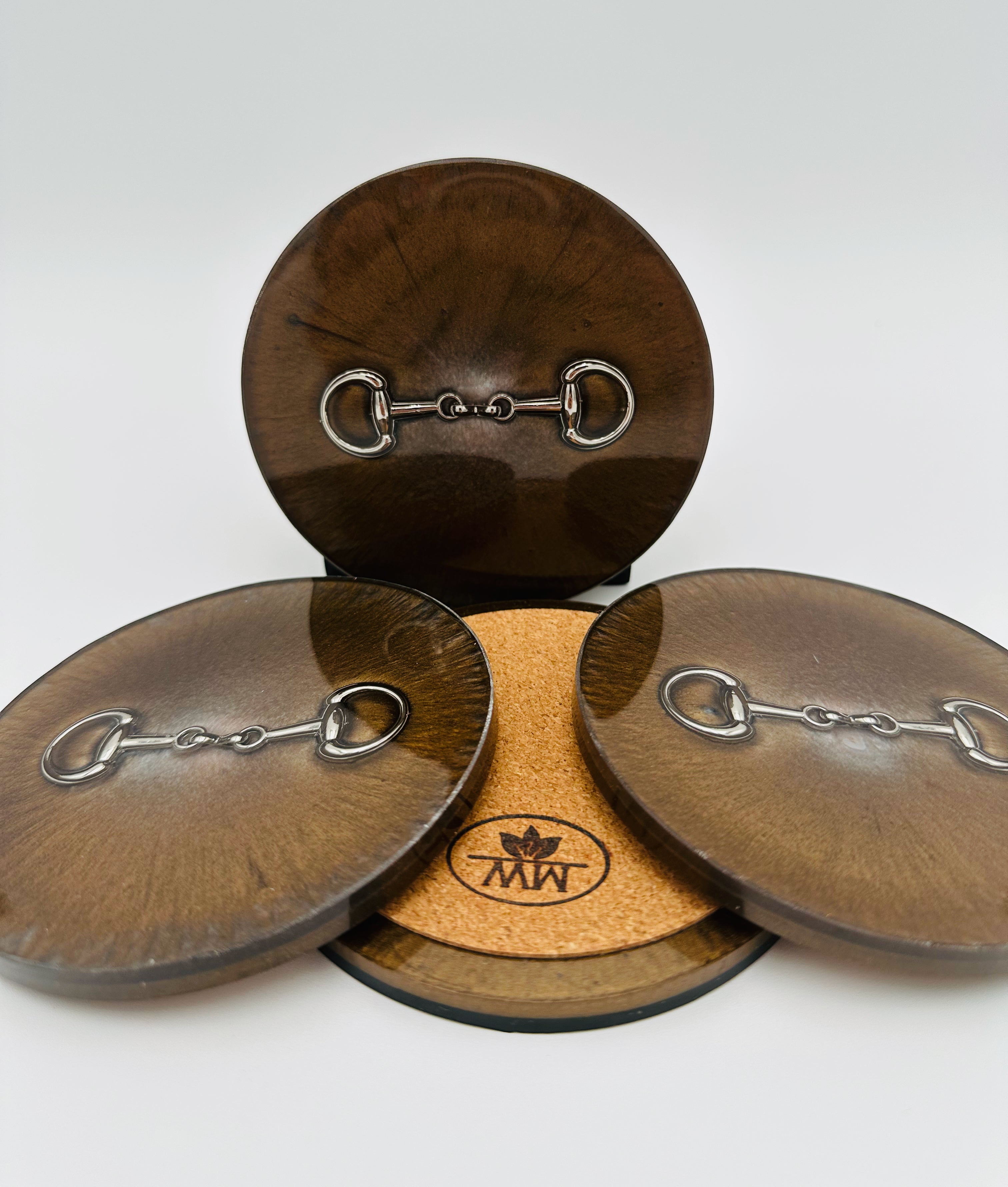 Handcrafted Bronze and Silver Resin Coasters with Silver Bridle Bit Inlay, Set of 4