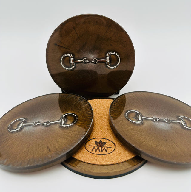 Handcrafted Bronze and Silver Resin Coasters with Silver Bridle Bit Inlay, Set of 4