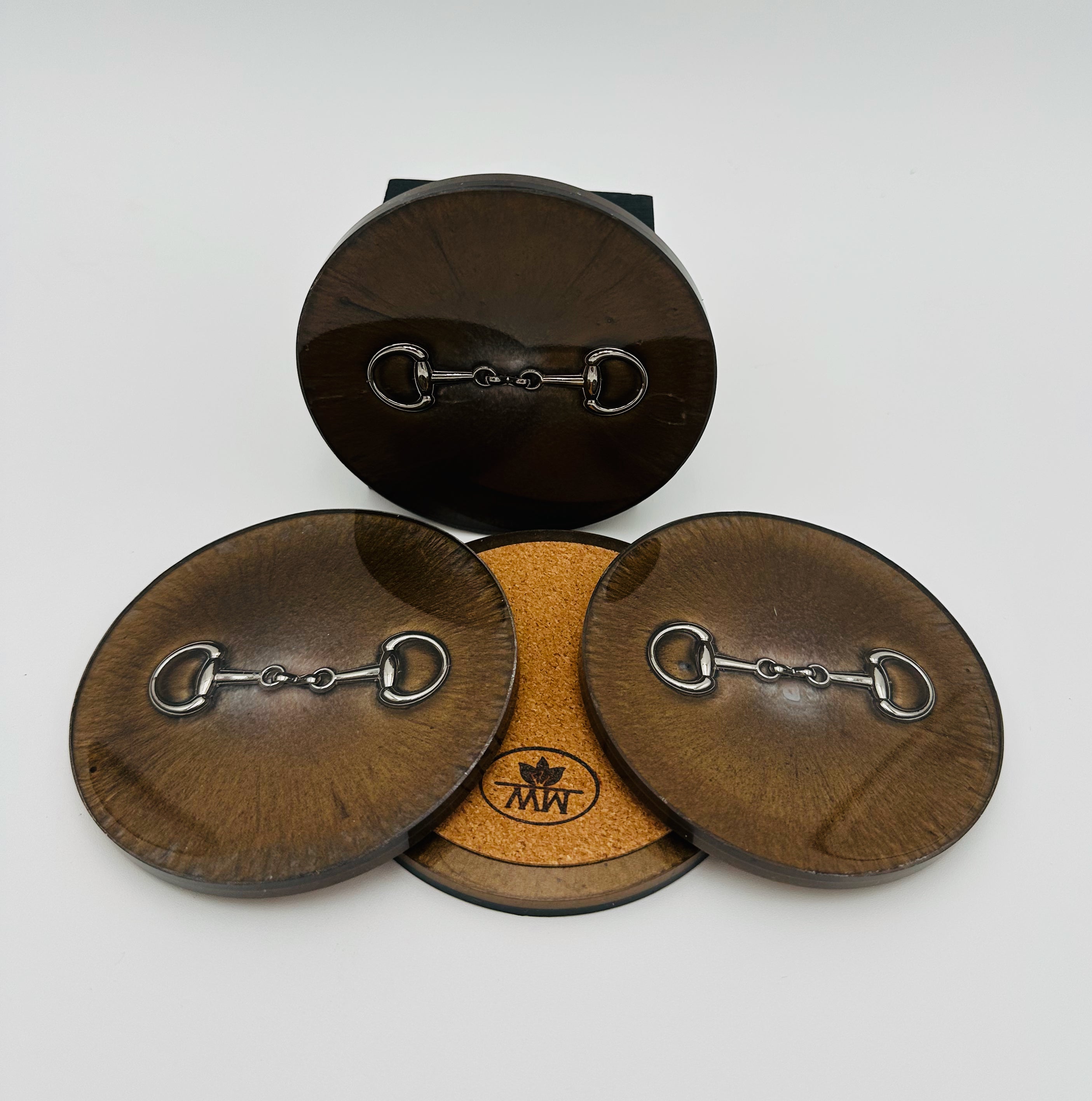 Handcrafted Bronze and Silver Resin Coasters with Silver Bridle Bit Inlay, Set of 4