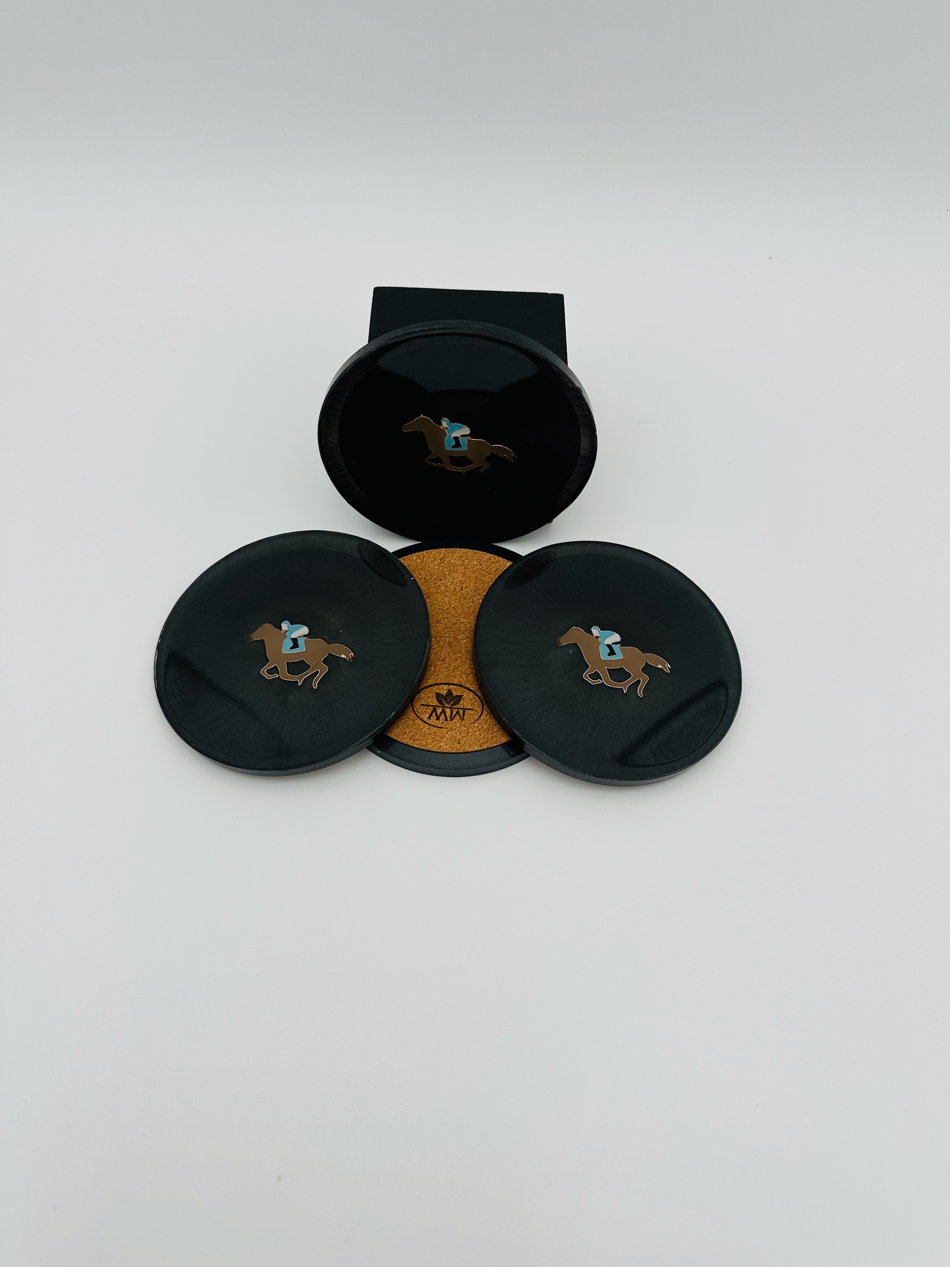 Handcrafted Dark Gray Resin Coasters with Jockey on Horse inlay, Set of Four