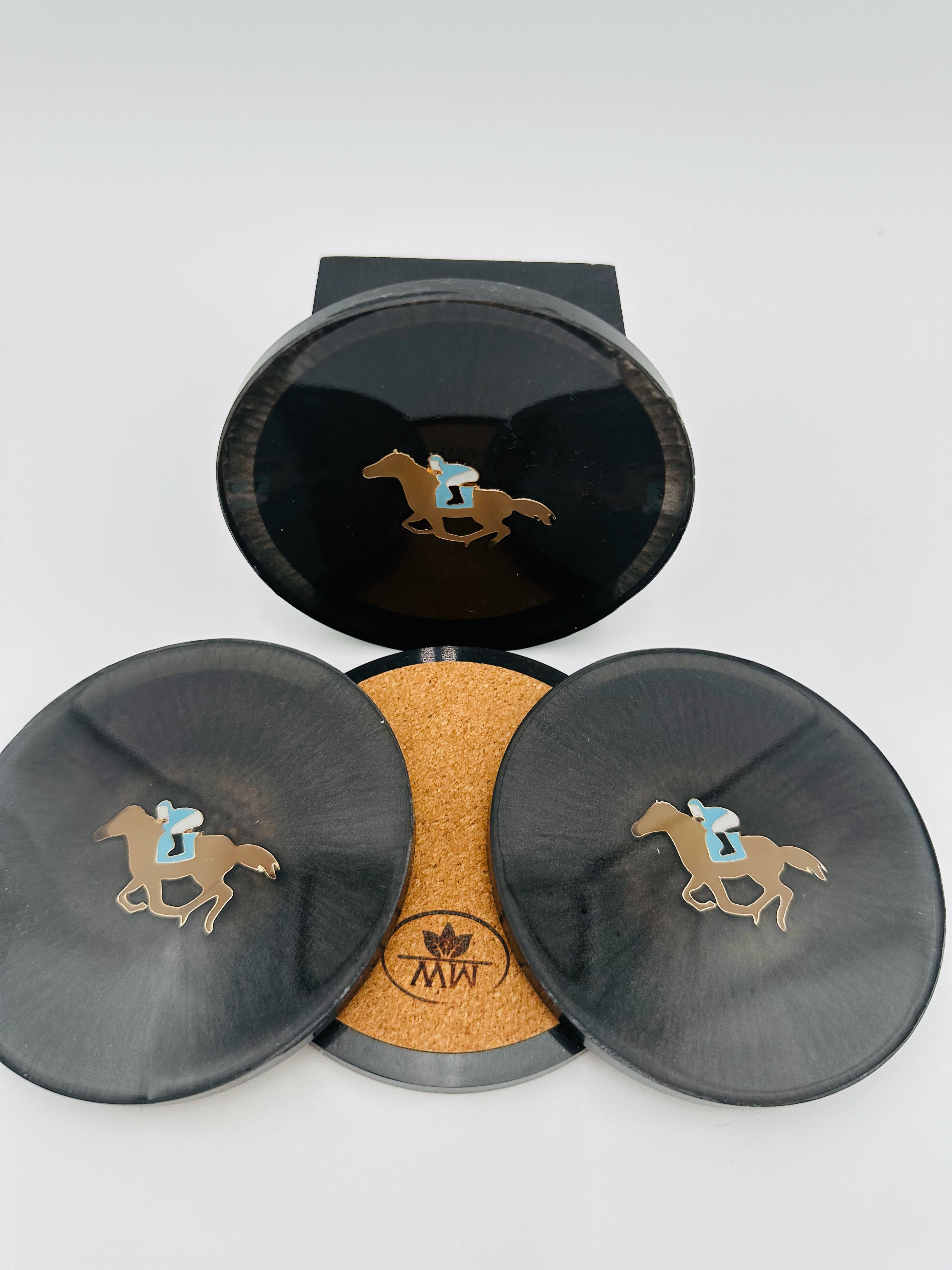 Handcrafted Dark Gray Resin Coasters with Jockey on Horse inlay, Set of Four