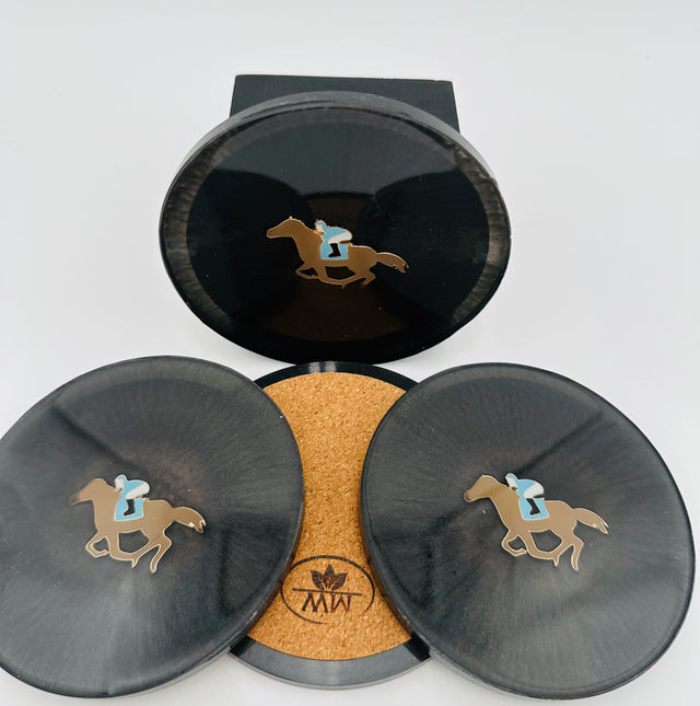 Handcrafted Dark Gray Resin Coasters with Jockey on Horse inlay, Set of Four