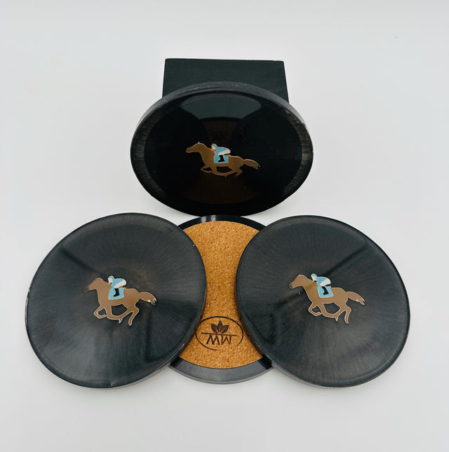 Handcrafted Dark Gray Resin Coasters with Jockey on Horse inlay, Set of Four