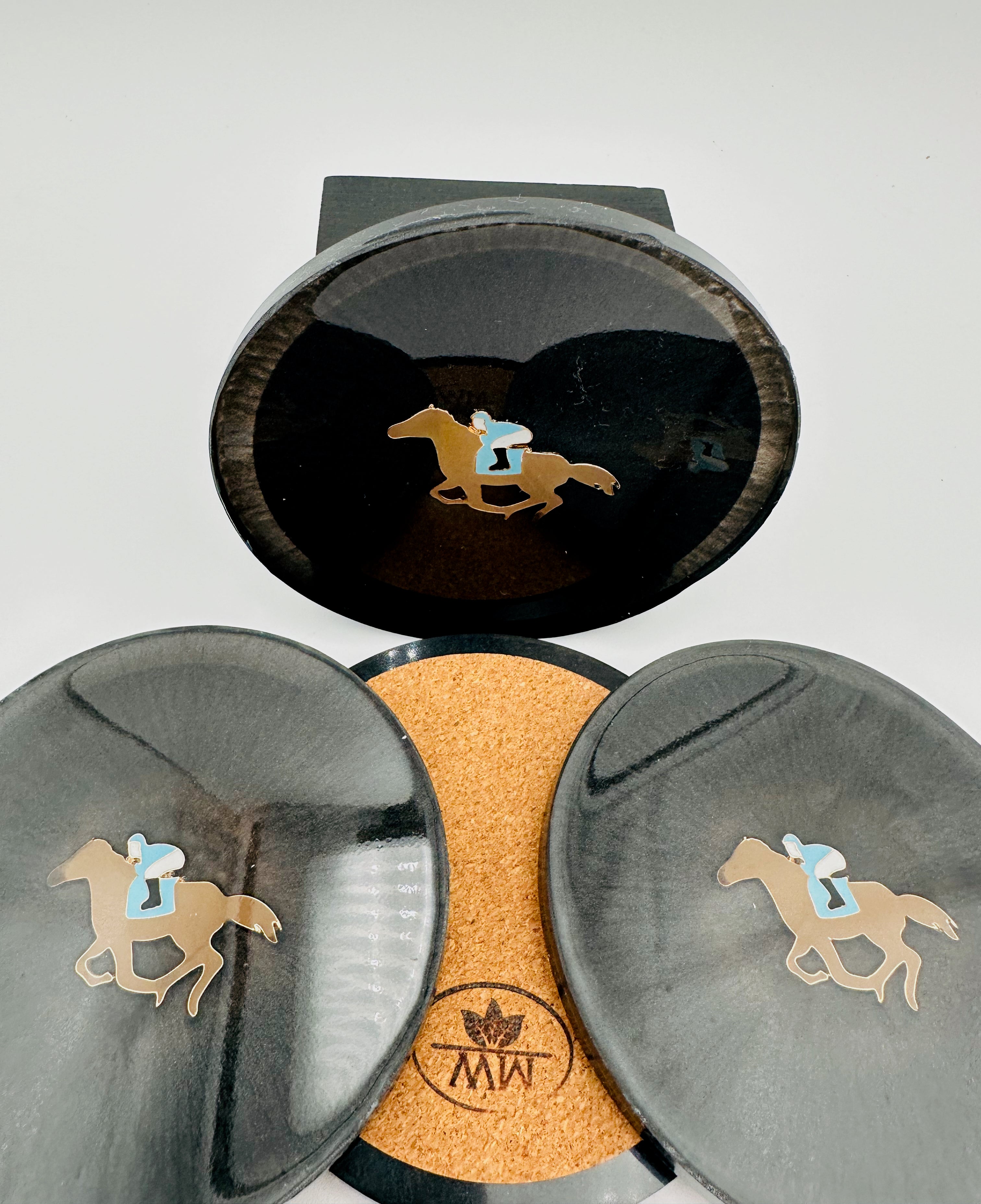 Handcrafted Dark Gray Resin Coasters with Jockey on Horse inlay, Set of Four