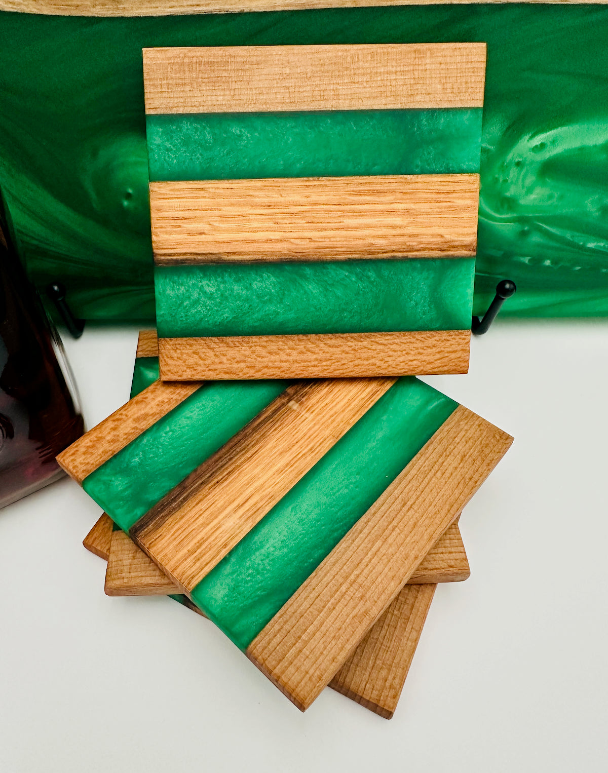 Tobacco Stick & Emerald Resin Coasters - Rustic Modern Set of 4