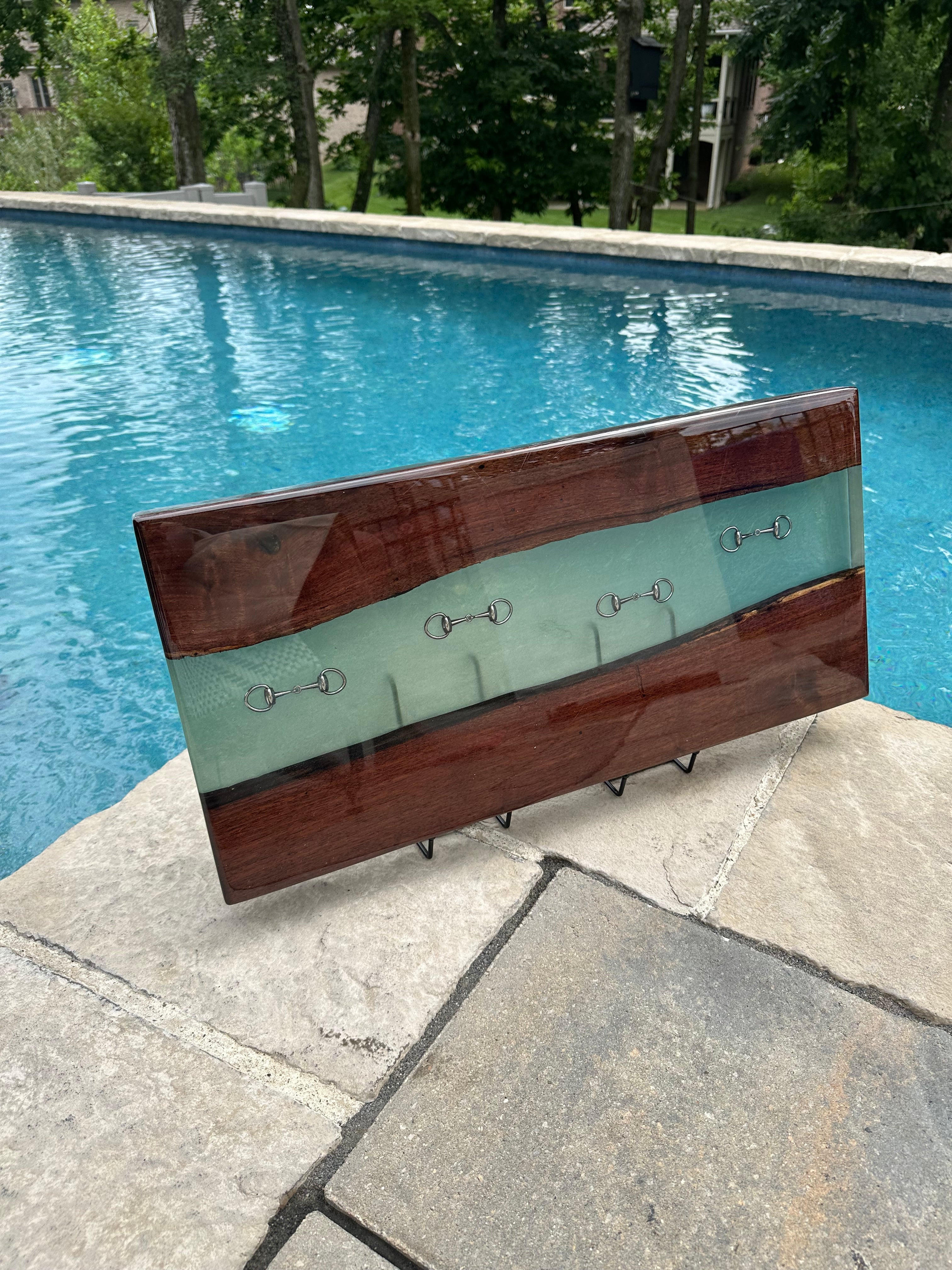 Handcrafted Black Walnut Charcuterie Board with Bonsai Green Resin Inlaid with Silver Bridle Bits