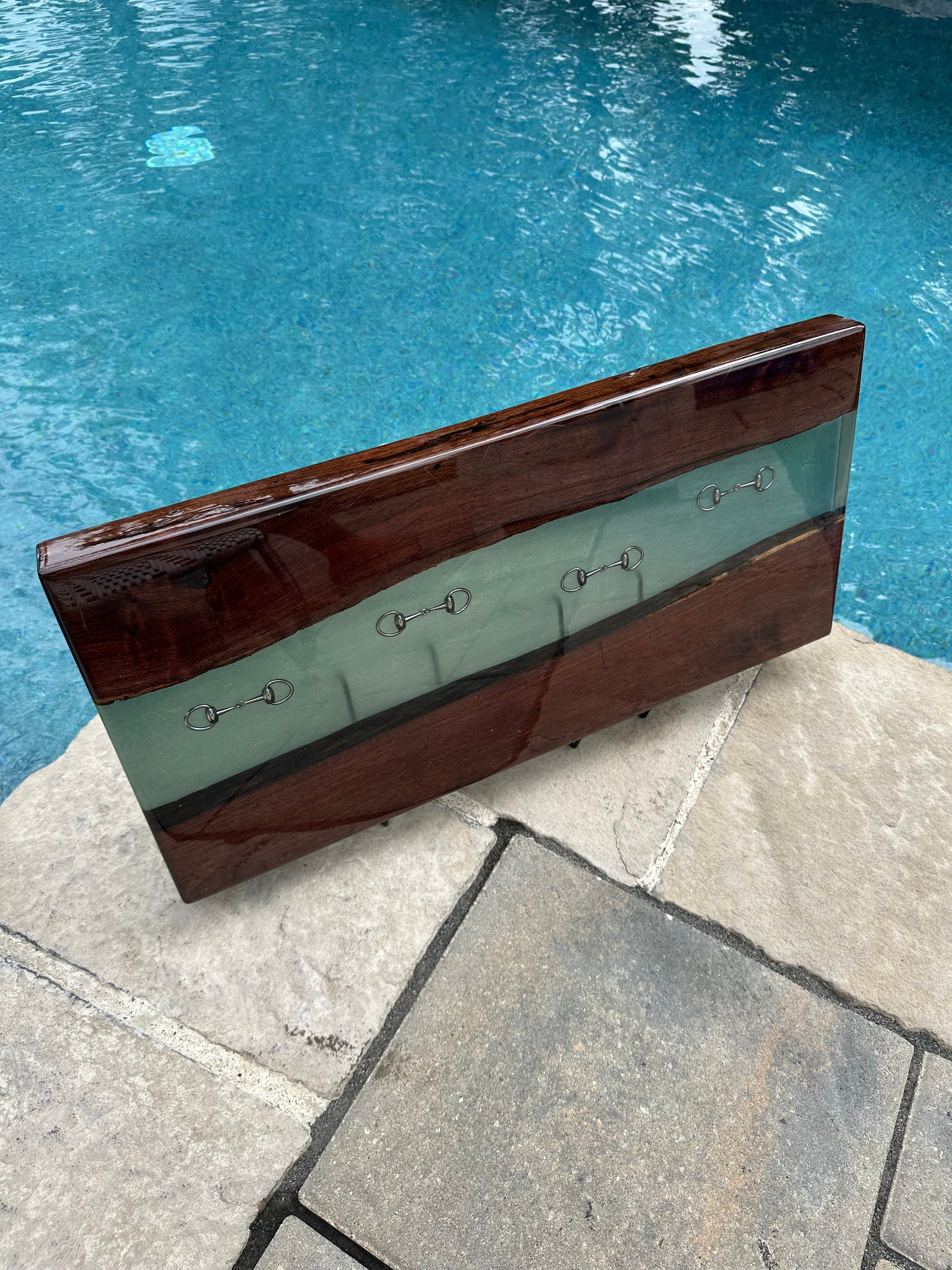 Handcrafted Black Walnut Charcuterie Board with Bonsai Green Resin Inlaid with Silver Bridle Bits