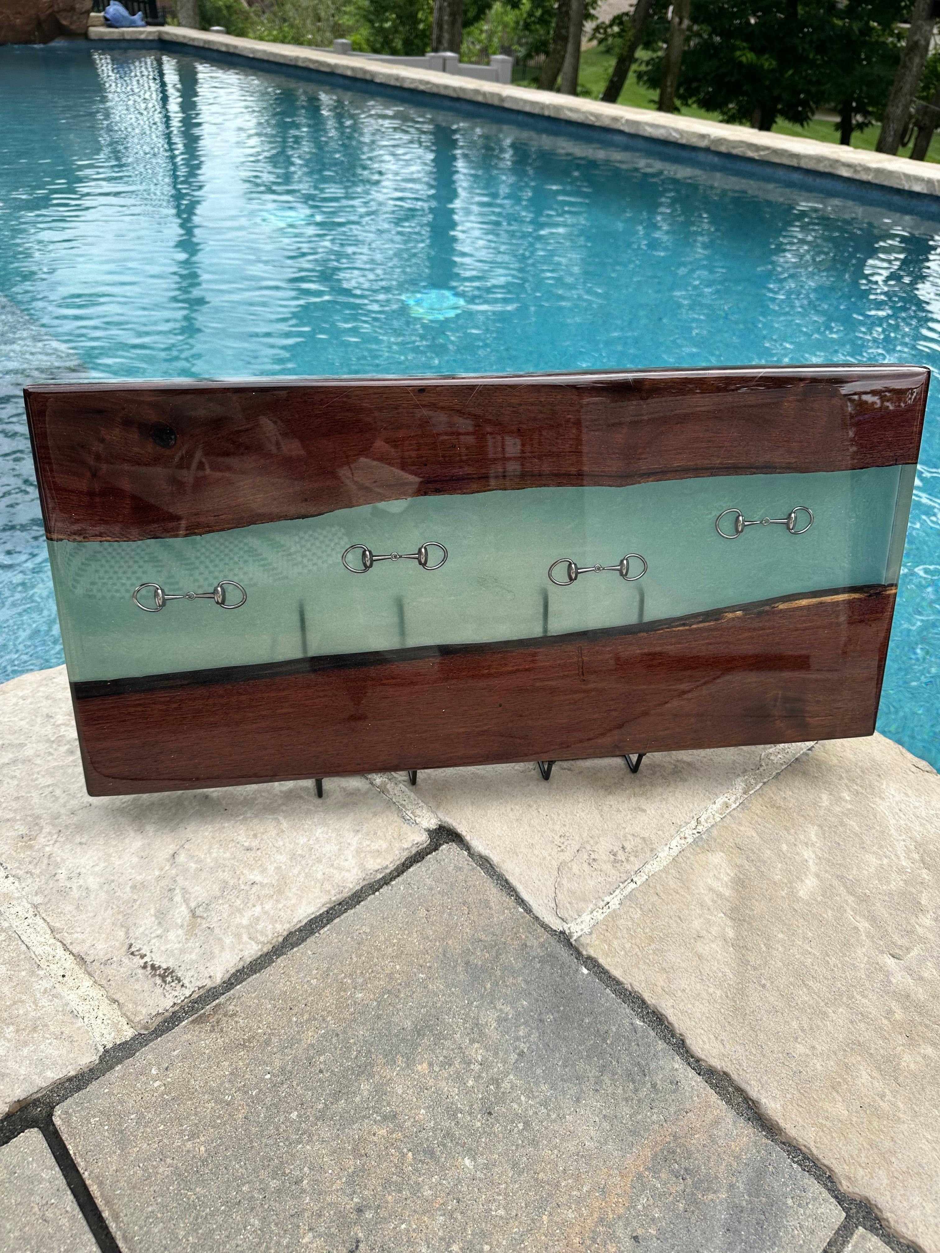 Handcrafted Black Walnut Charcuterie Board with Bonsai Green Resin Inlaid with Silver Bridle Bits
