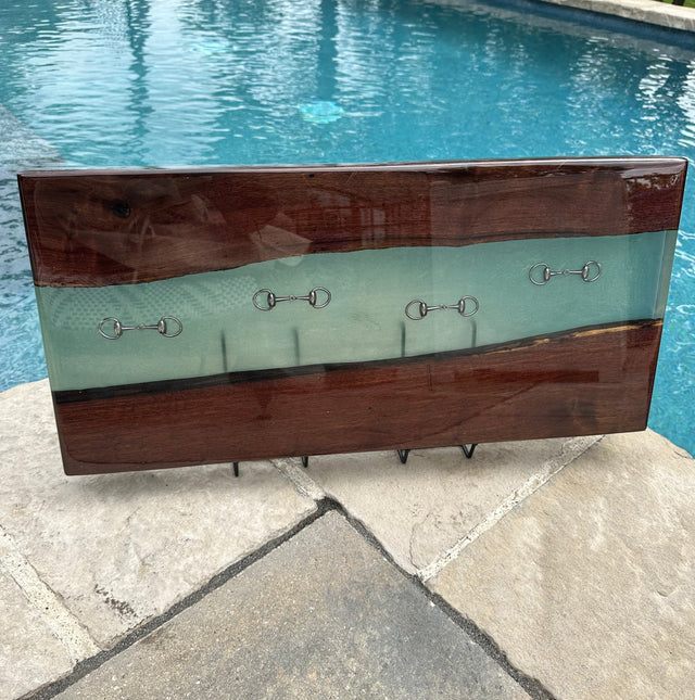 Handcrafted Black Walnut Charcuterie Board with Bonsai Green Resin Inlaid with Silver Bridle Bits