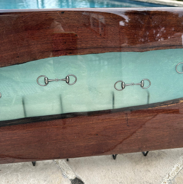 Handcrafted Black Walnut Charcuterie Board with Bonsai Green Resin Inlaid with Silver Bridle Bits