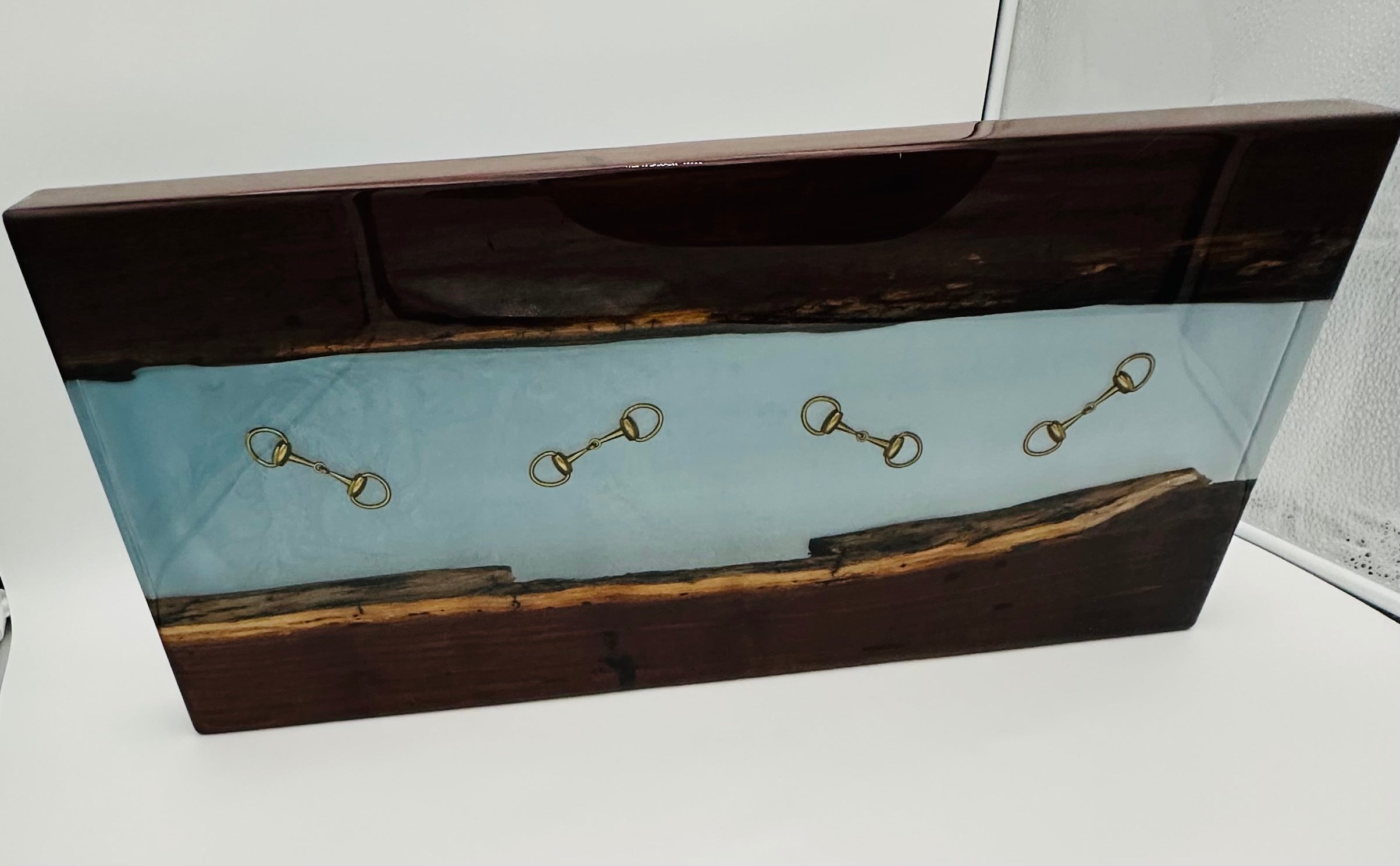 Handcrafted Black Walnut Charcuterie Board with Iceberg blue Resin Inlaid with Gold Bridle Bit