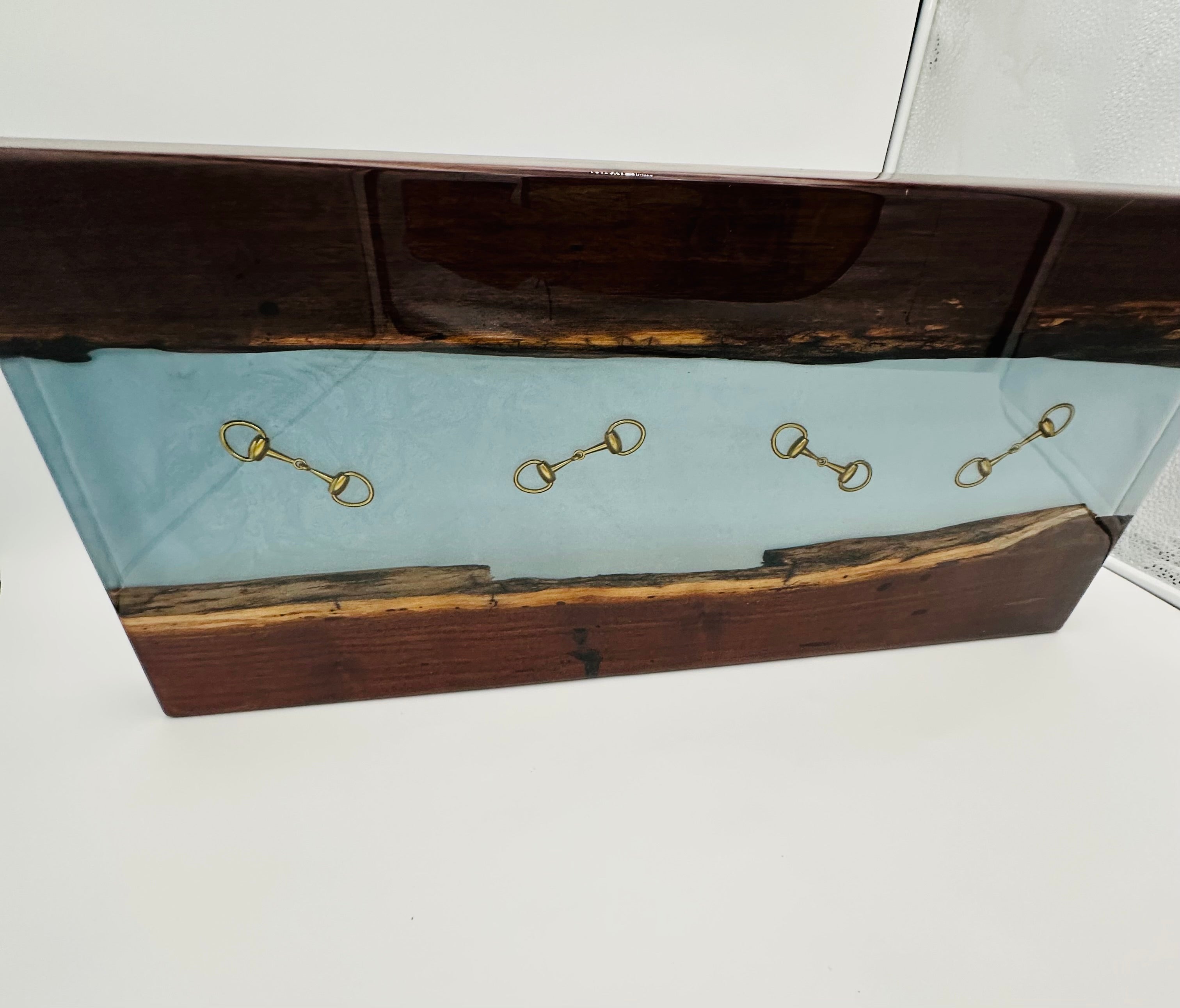 Handcrafted Black Walnut Charcuterie Board with Iceberg blue Resin Inlaid with Gold Bridle Bit