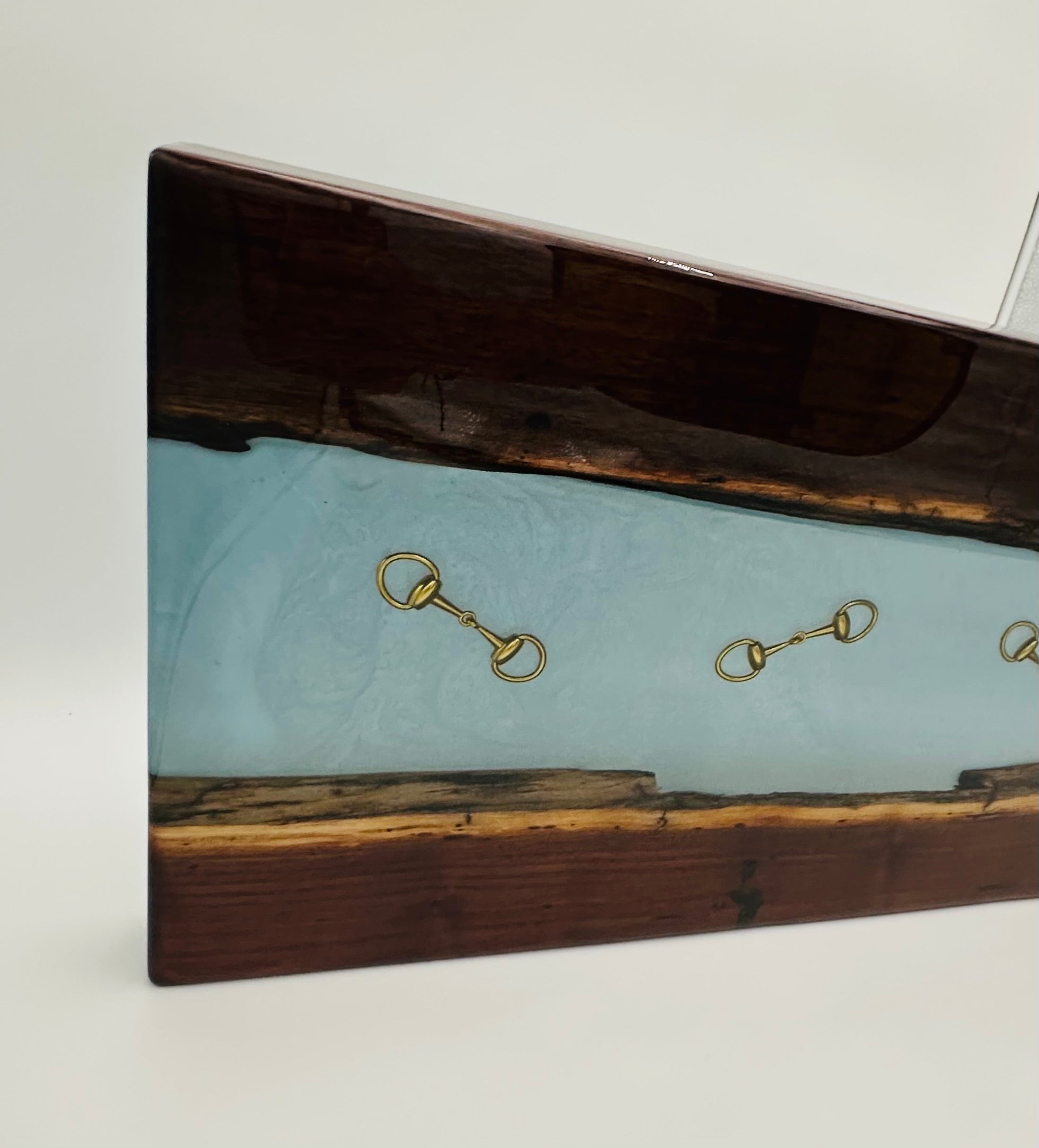 Handcrafted Black Walnut Charcuterie Board with Iceberg blue Resin Inlaid with Gold Bridle Bit