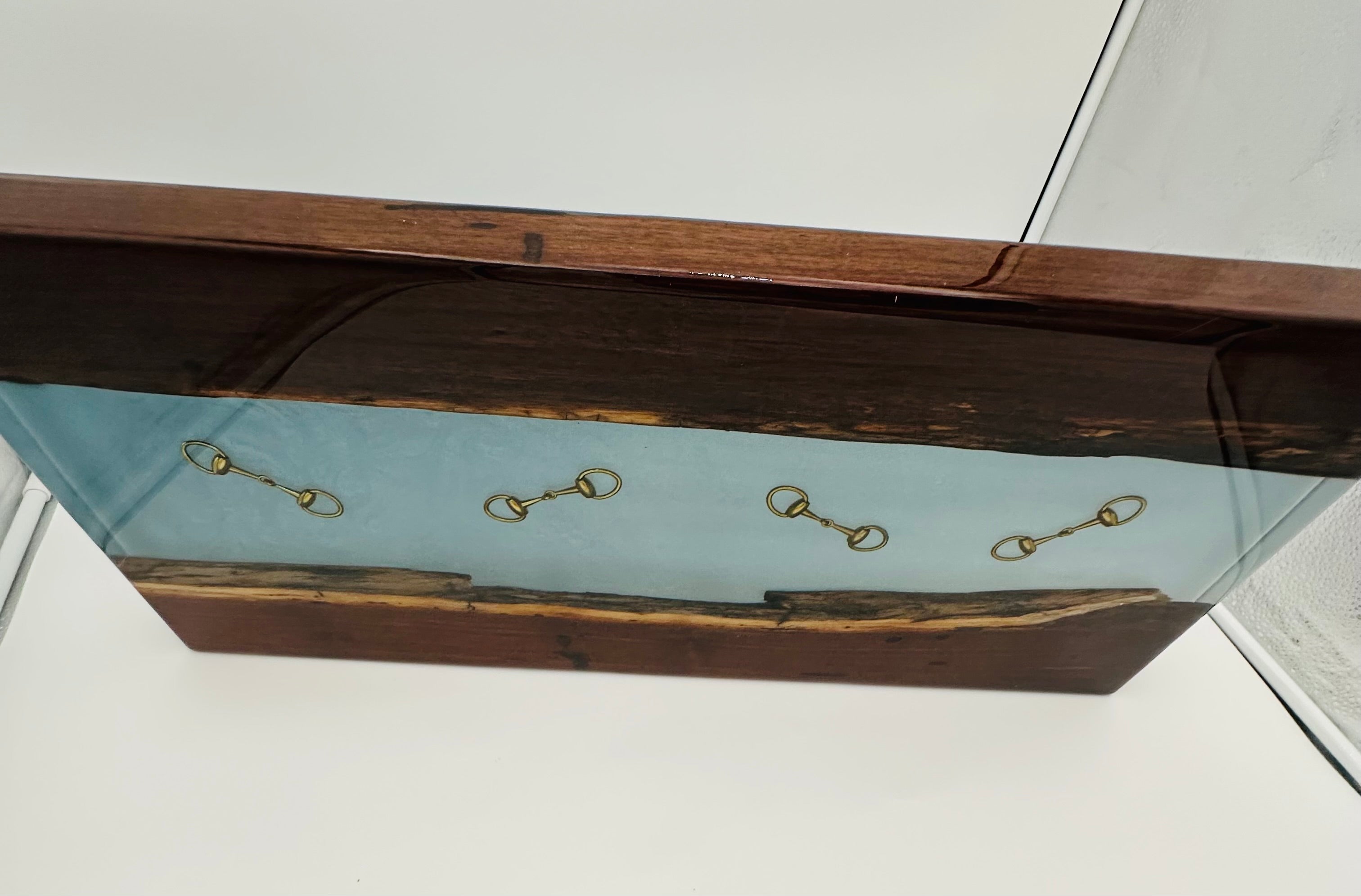 Handcrafted Black Walnut Charcuterie Board with Iceberg blue Resin Inlaid with Gold Bridle Bit