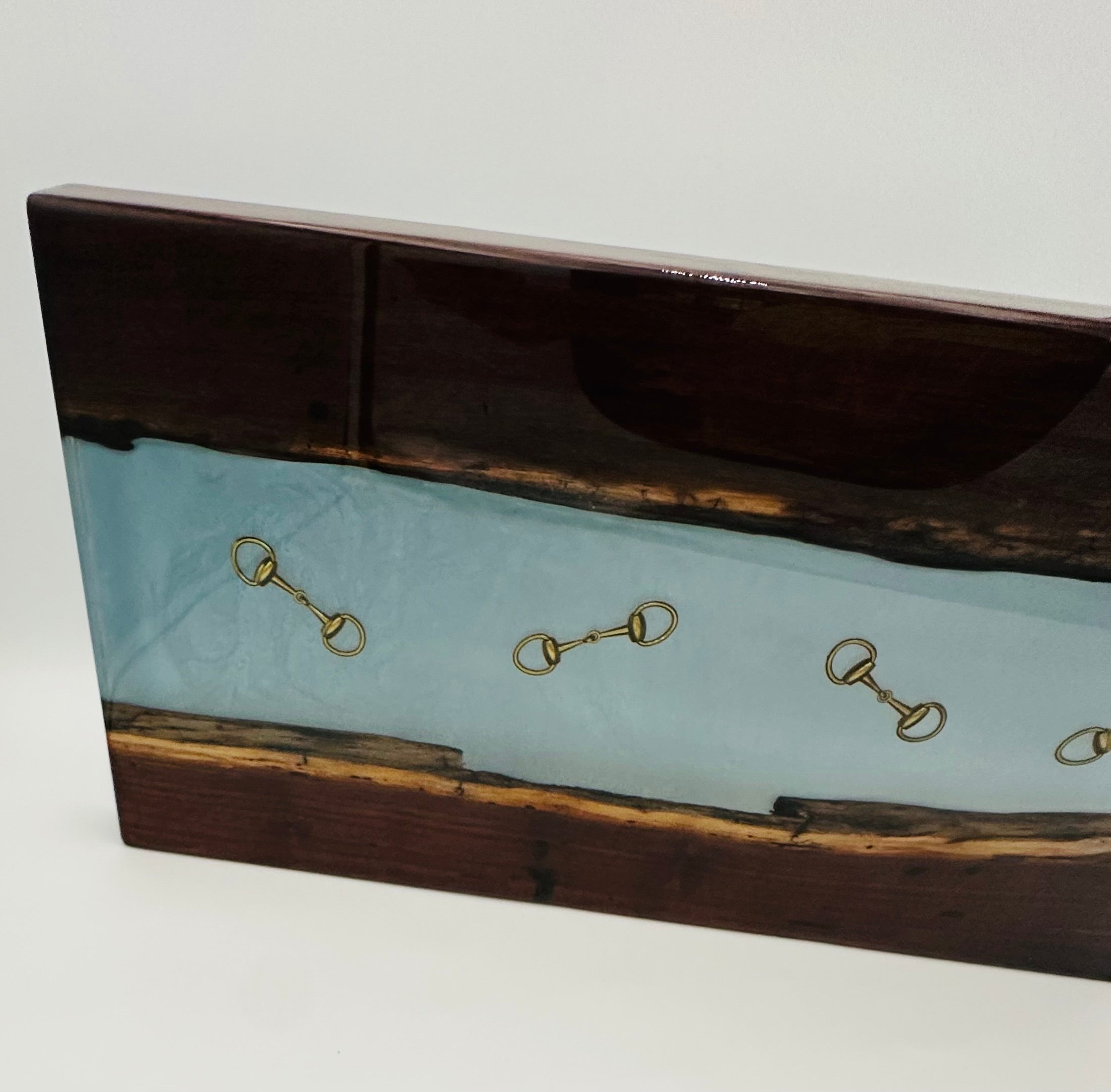 Handcrafted Black Walnut Charcuterie Board with Iceberg blue Resin Inlaid with Gold Bridle Bit