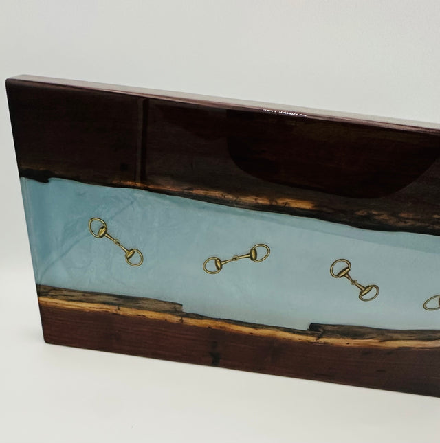 Handcrafted Black Walnut Charcuterie Board with Iceberg blue Resin Inlaid with Gold Bridle Bit