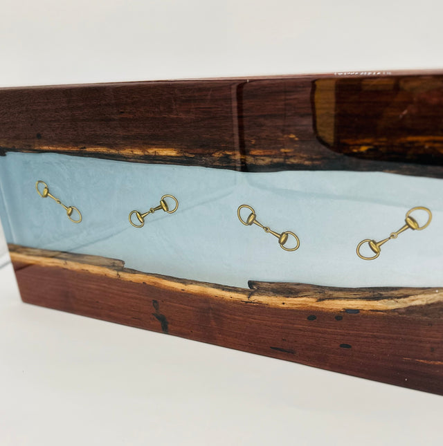 Handcrafted Black Walnut Charcuterie Board with Iceberg blue Resin Inlaid with Gold Bridle Bit