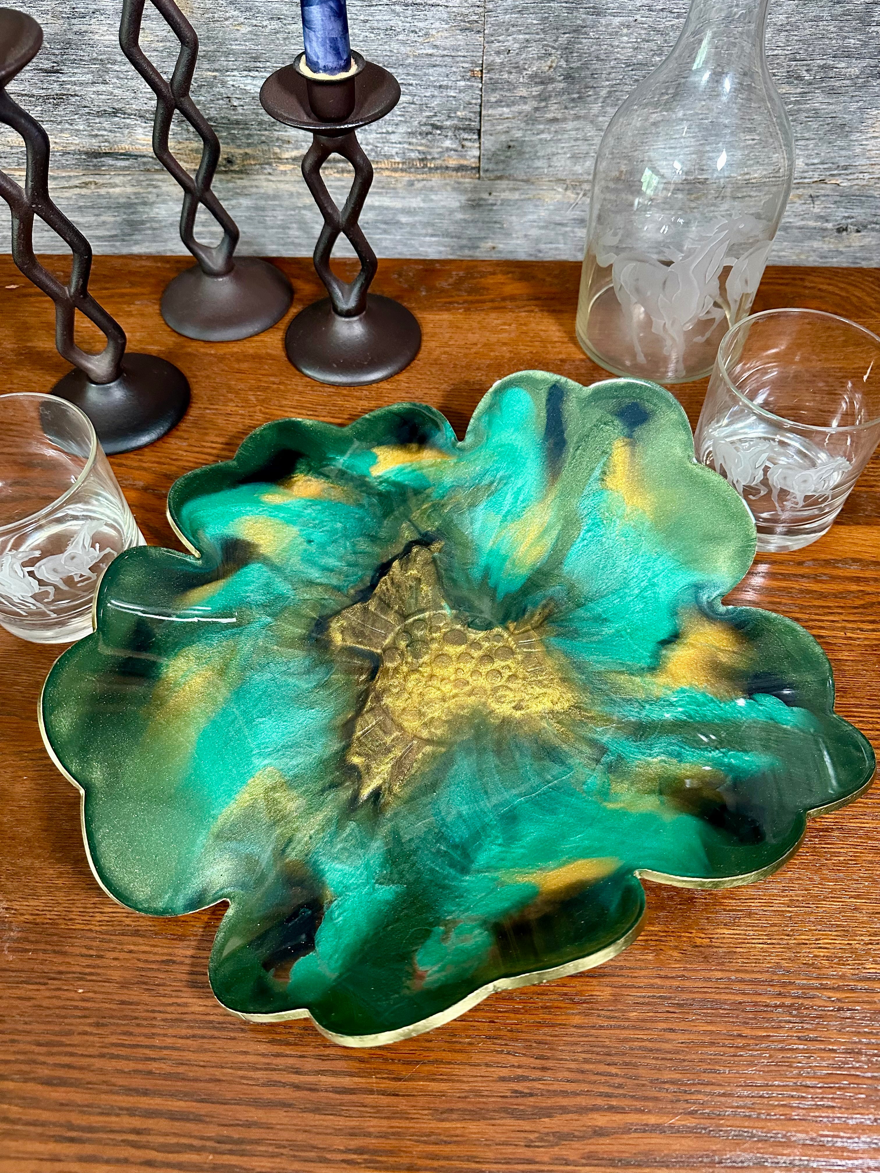 Handcrafted Large Resin Flower Bowls with Gold, Silver, or Bronze Outline.