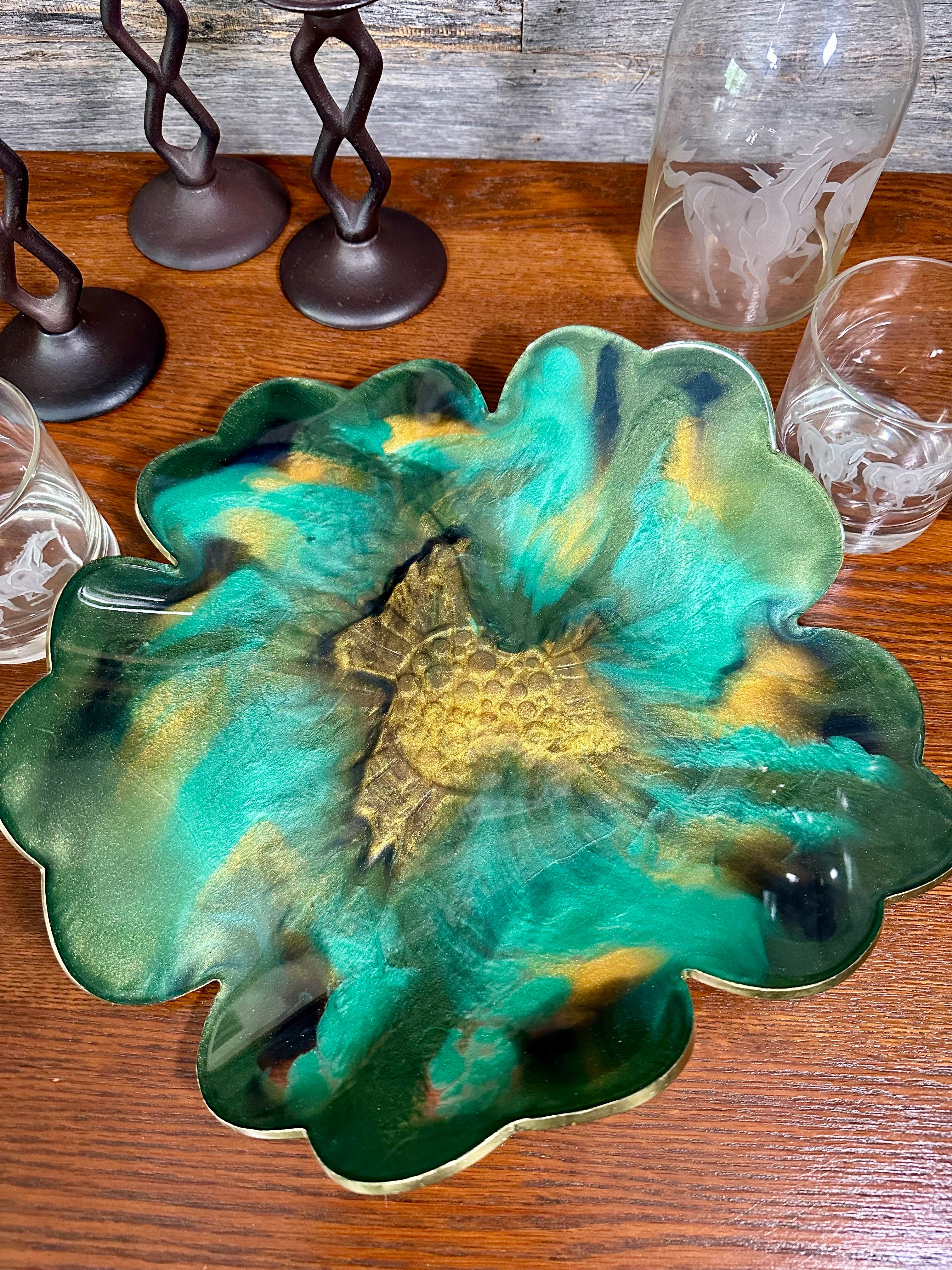 Handcrafted Large Resin Flower Bowls with Gold, Silver, or Bronze Outline.