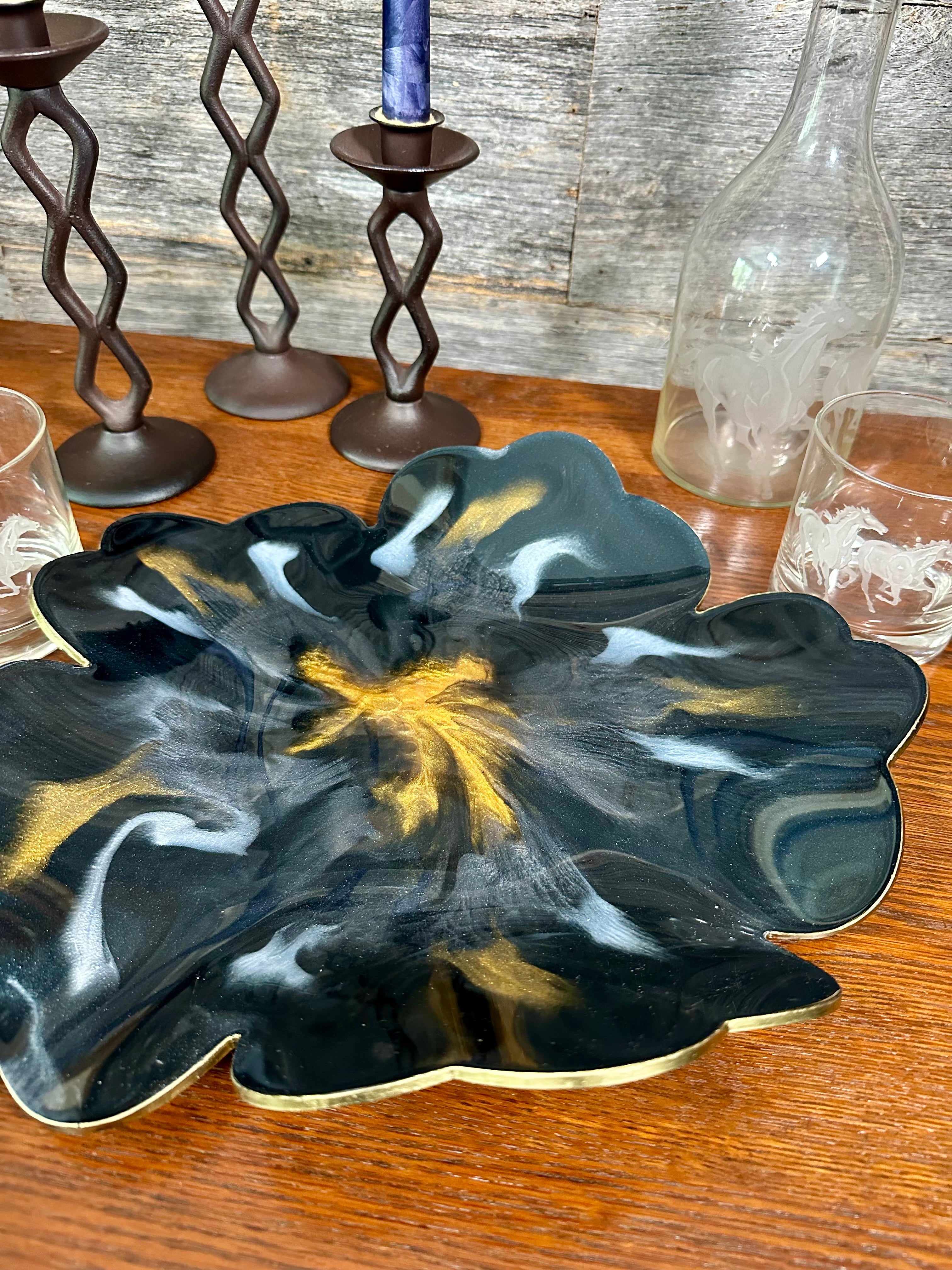Handcrafted Large Resin Flower Bowls with Gold, Silver, or Bronze Outline.
