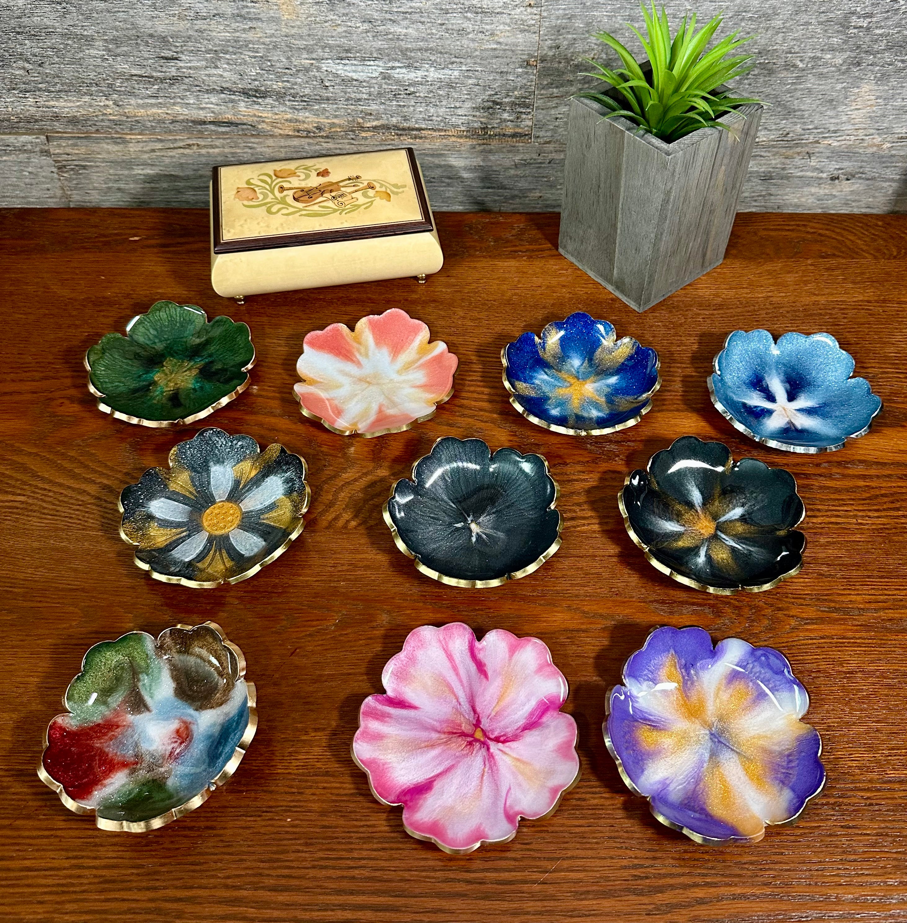 Small ResinFlower Bowl -Trimmed in Gold, Bronze, or Silver