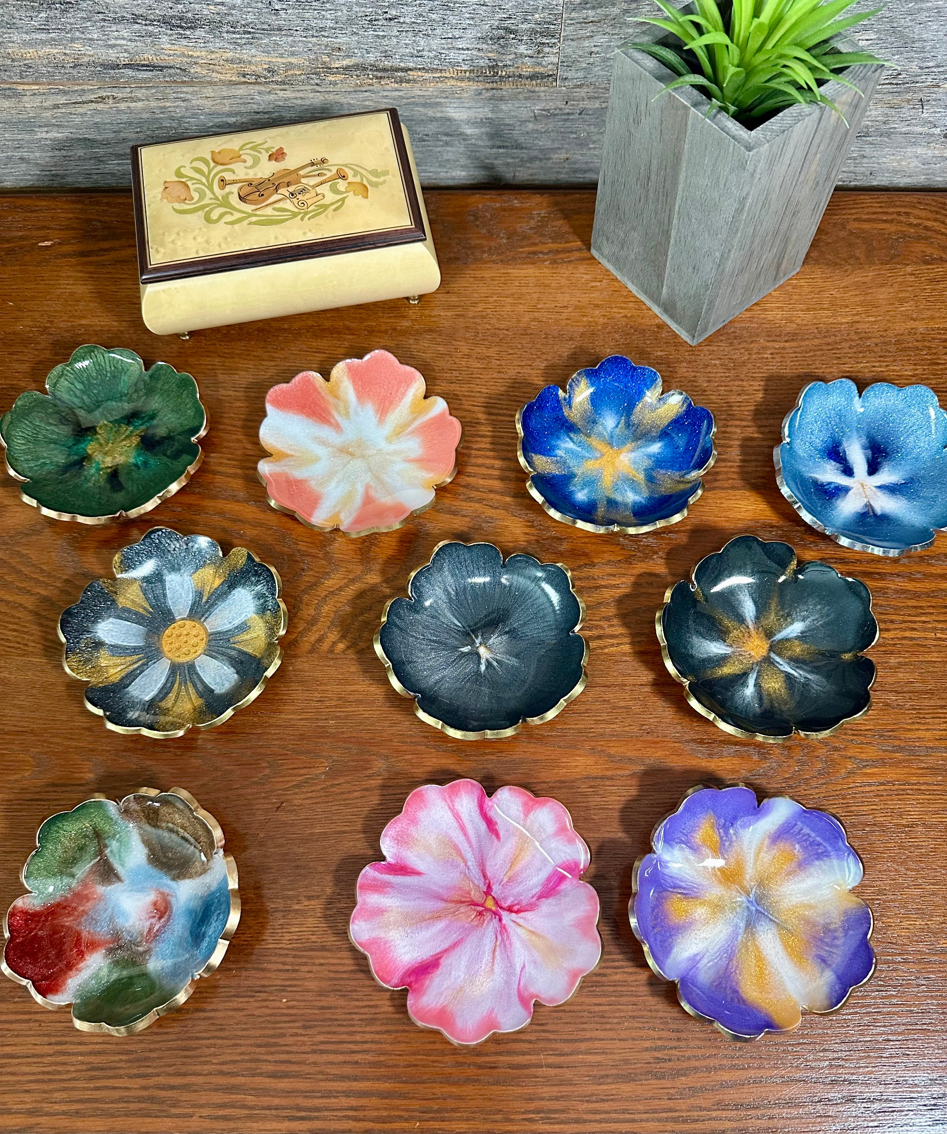 Small ResinFlower Bowl -Trimmed in Gold, Bronze, or Silver
