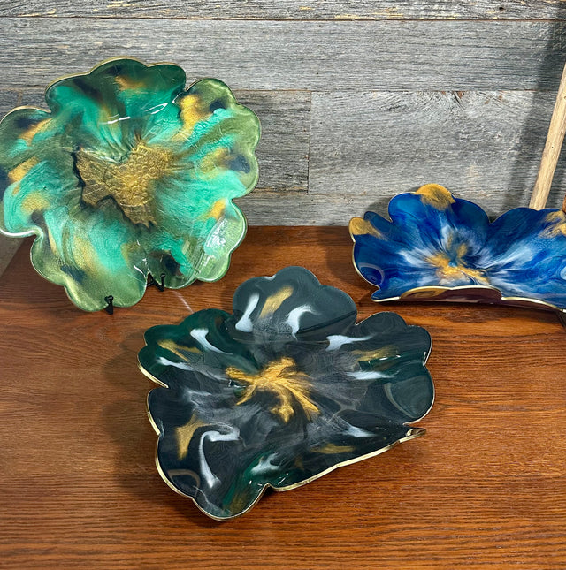 Handcrafted Large Resin Flower Bowls with Gold, Silver, or Bronze Outline.