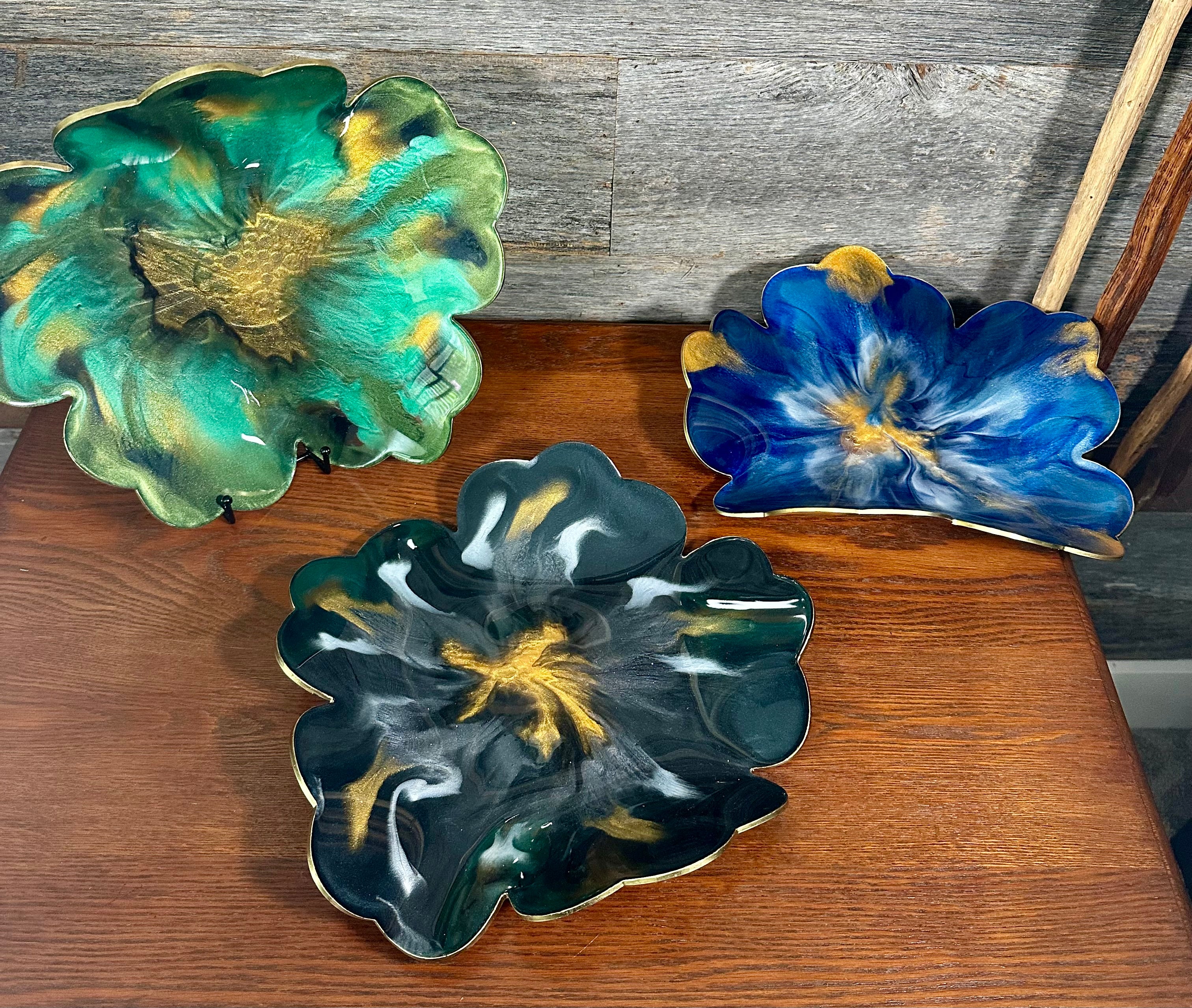 Handcrafted Large Resin Flower Bowls with Gold, Silver, or Bronze Outline.