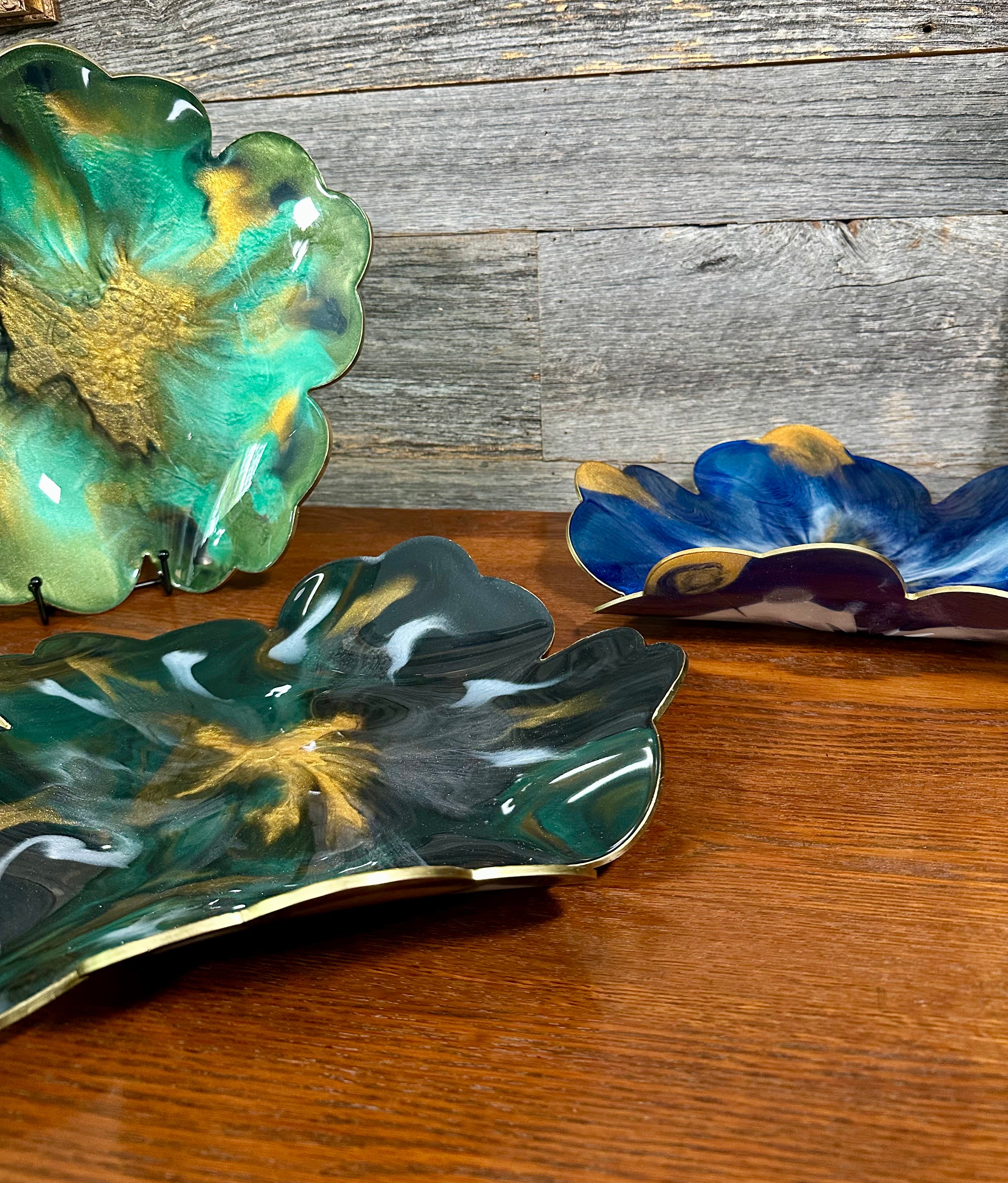 Handcrafted Large Resin Flower Bowls with Gold, Silver, or Bronze Outline.