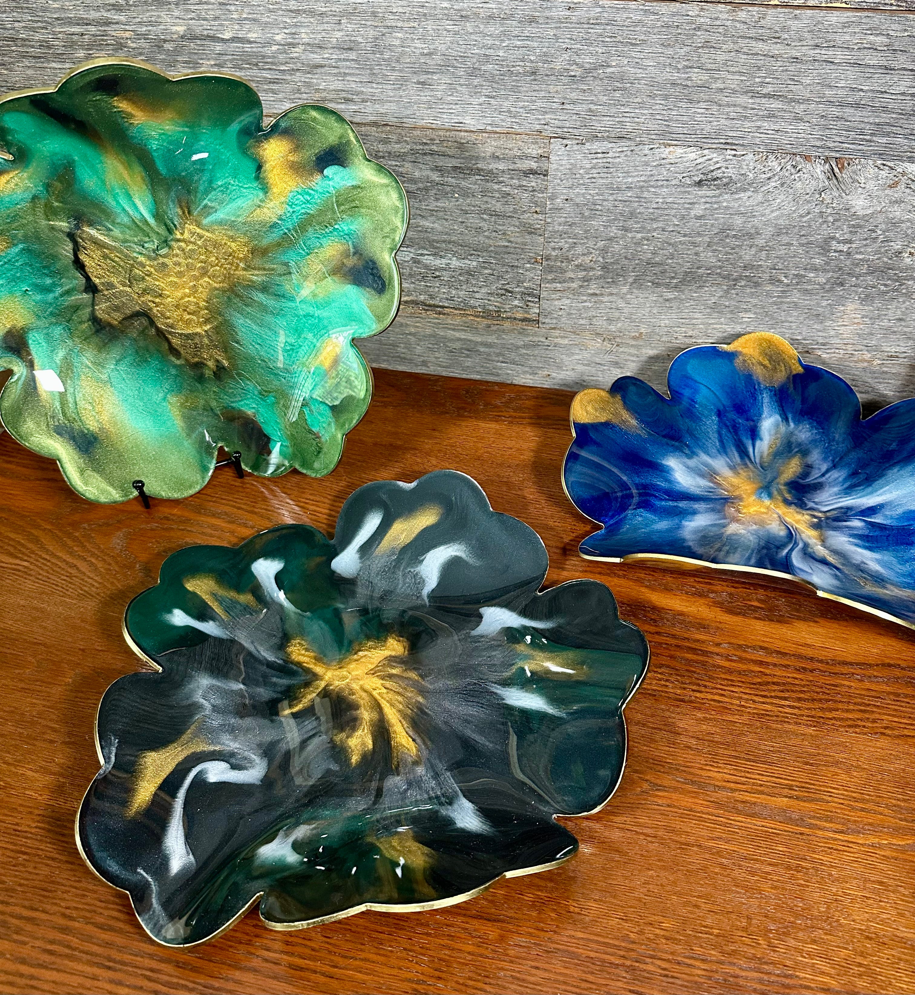 Handcrafted Large Resin Flower Bowls with Gold, Silver, or Bronze Outline.