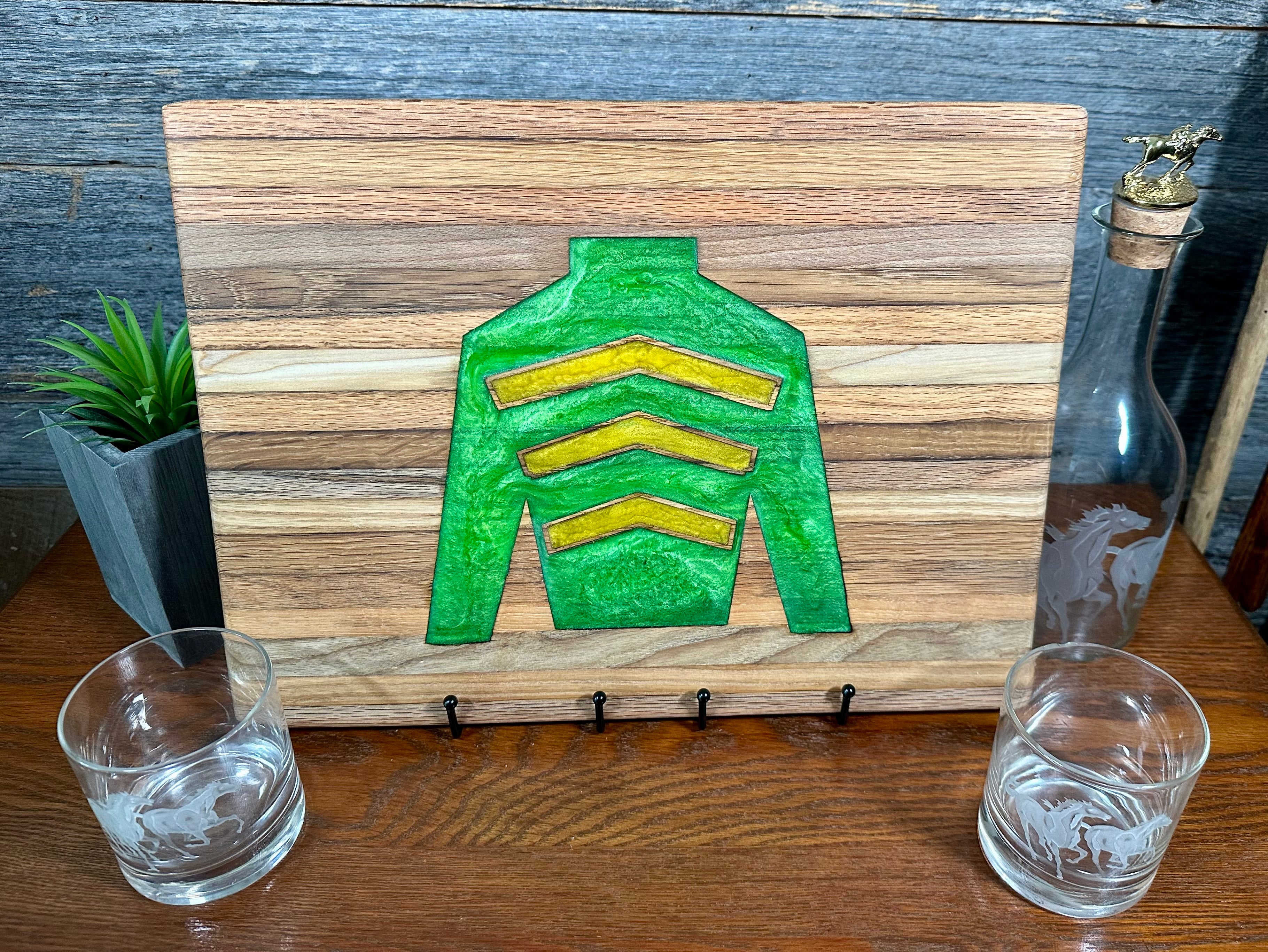 Handcrafted Tobacco Stick Cutting Board w/ Jockey Silk Inlay