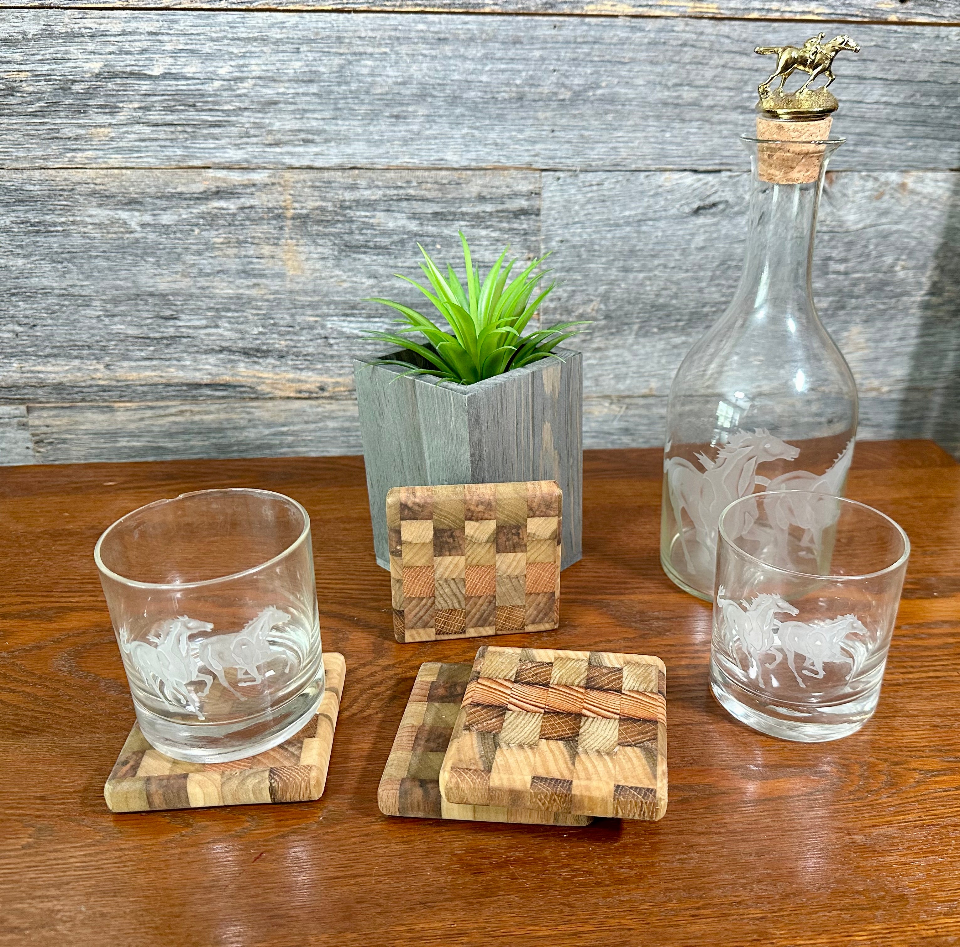 Handcrafted Tobacco Stick End Grain and Face Grain Coasters, Set of 4