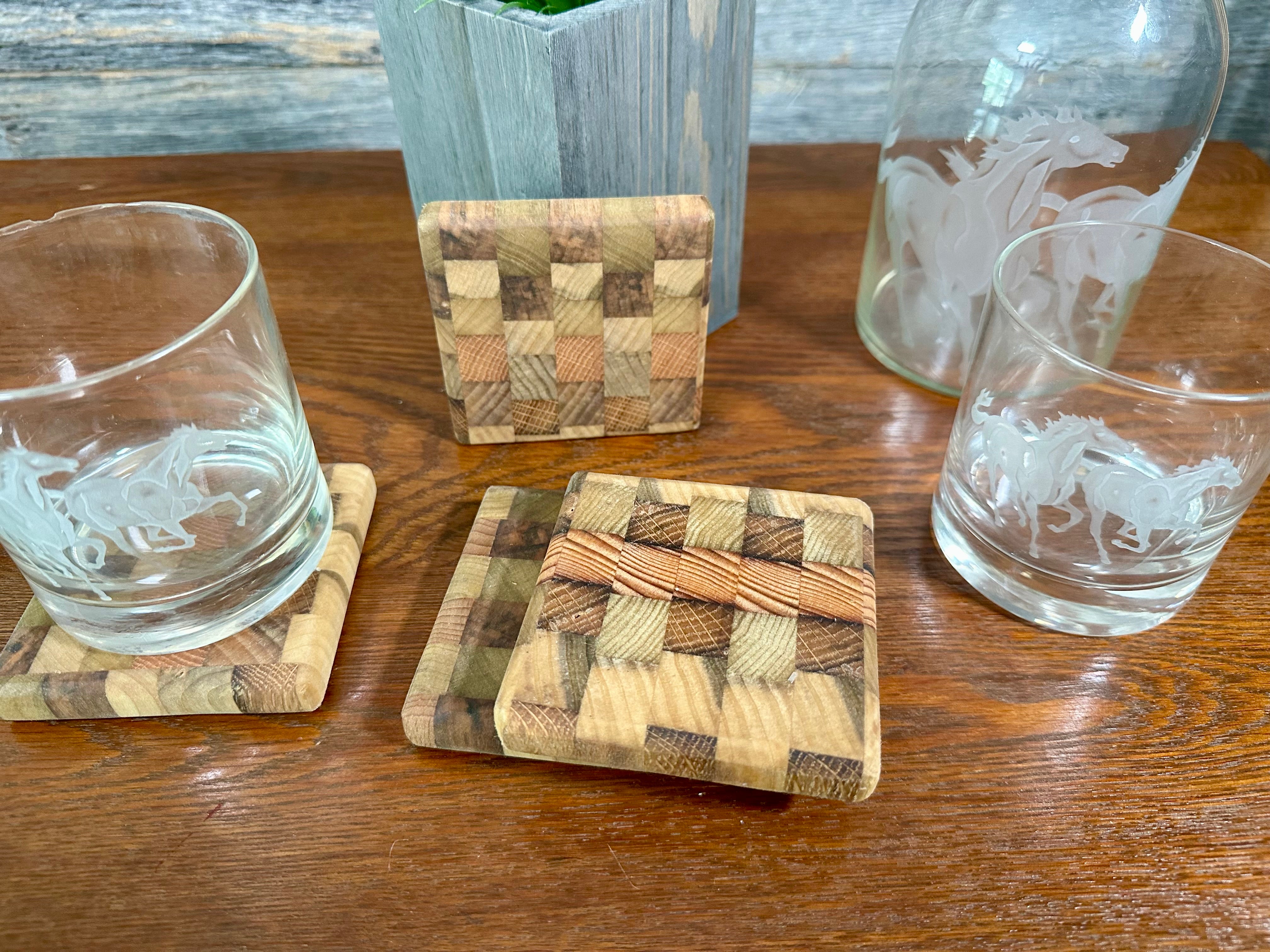 Handcrafted Tobacco Stick End Grain and Face Grain Coasters, Set of 4
