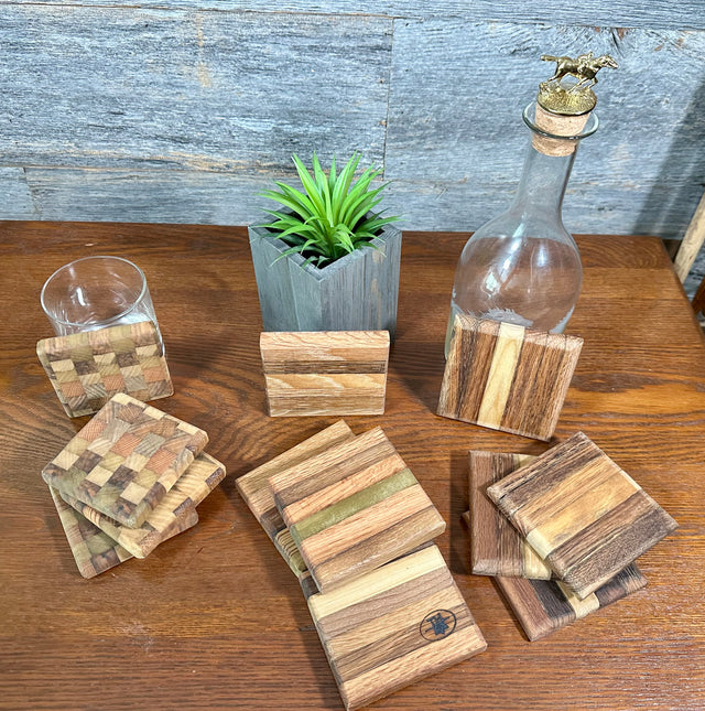 Handcrafted Tobacco Stick End Grain and Face Grain Coasters, Set of 4