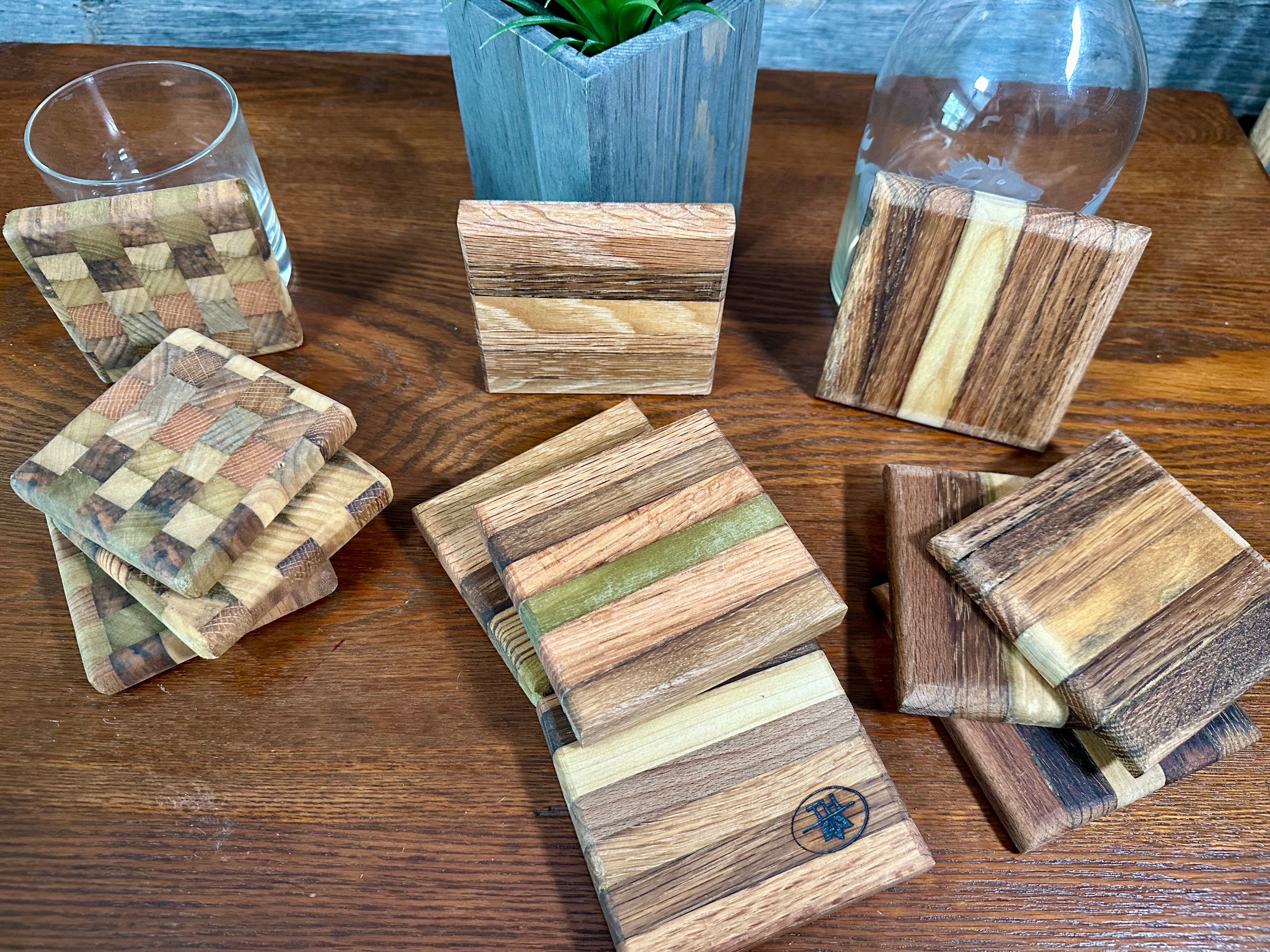 Handcrafted Tobacco Stick End Grain and Face Grain Coasters, Set of 4