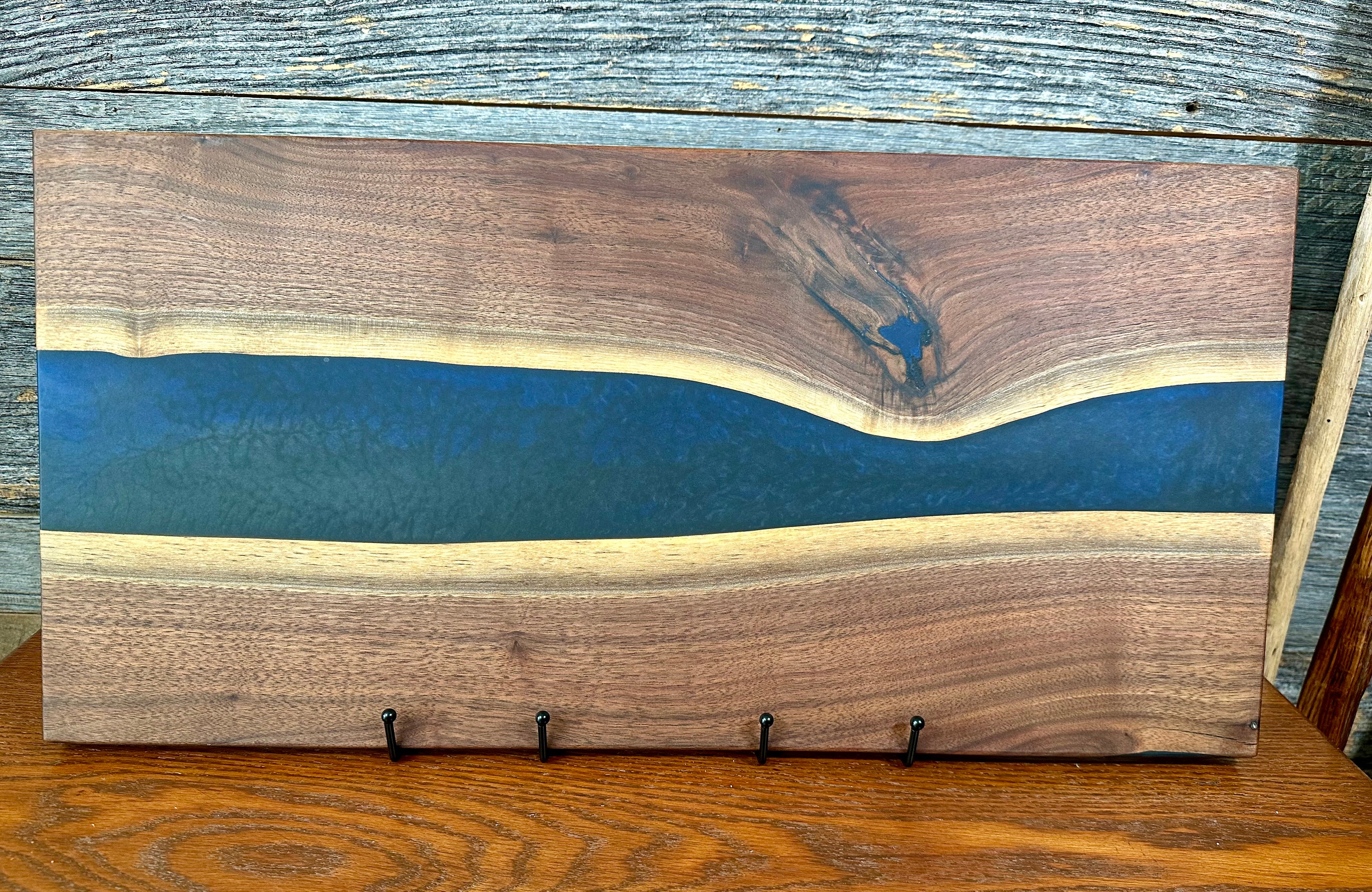 Handcrafted Black Walnut Charcuterie Board with Dark Blue Resin Center with Feet