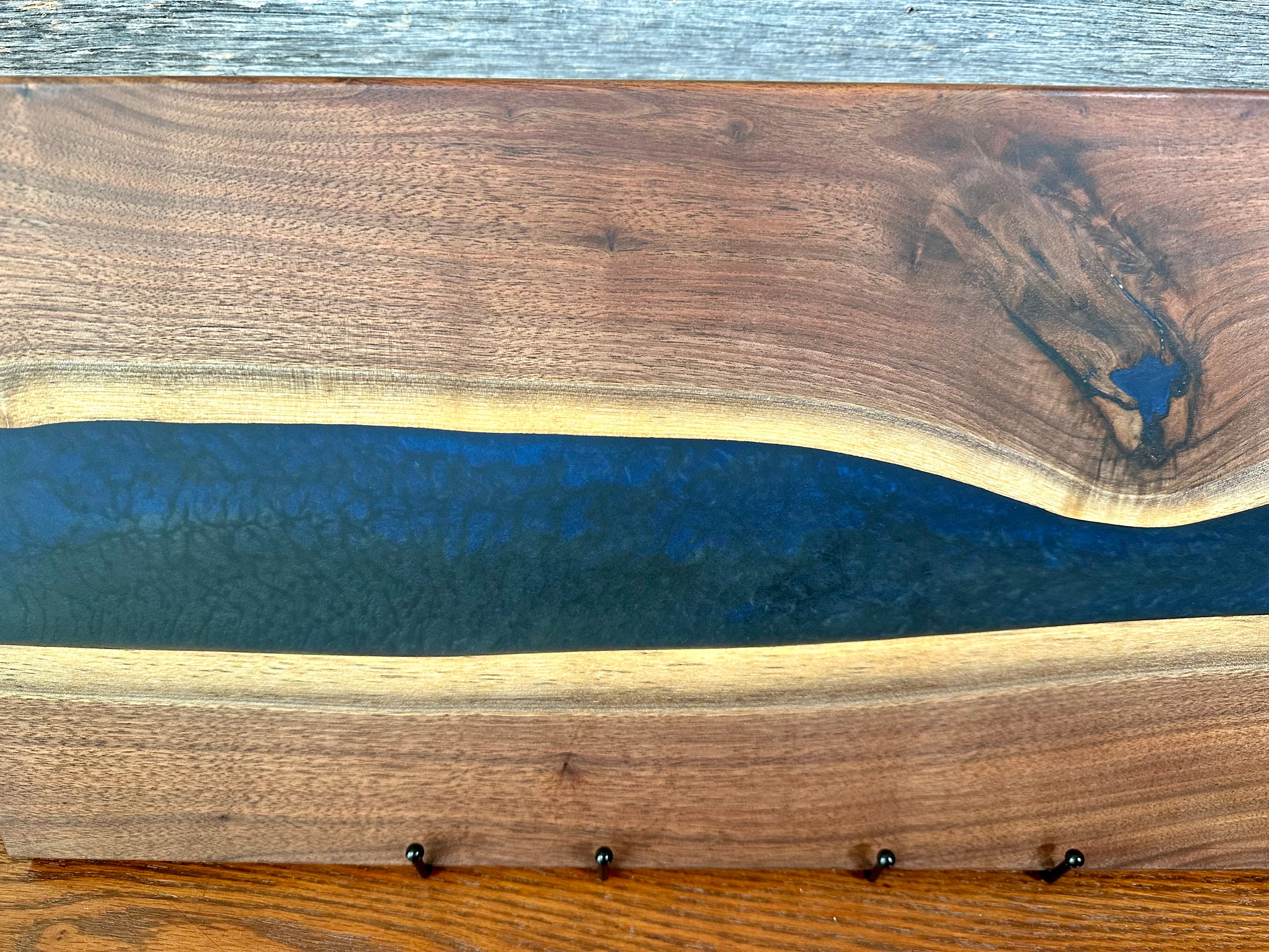Handcrafted Black Walnut Charcuterie Board with Dark Blue Resin Center with Feet