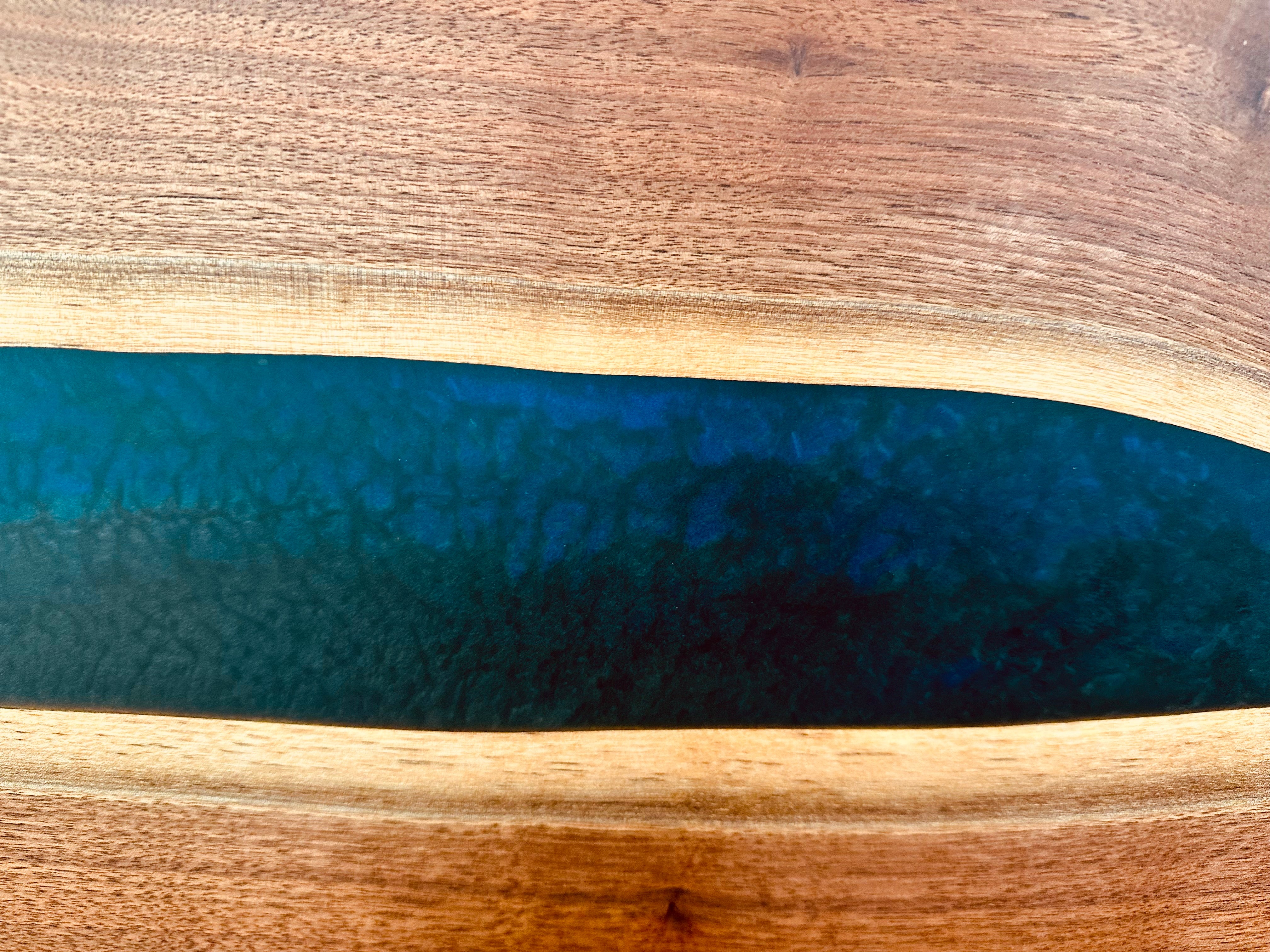 Handcrafted Black Walnut Charcuterie Board with Dark Blue Resin Center with Feet