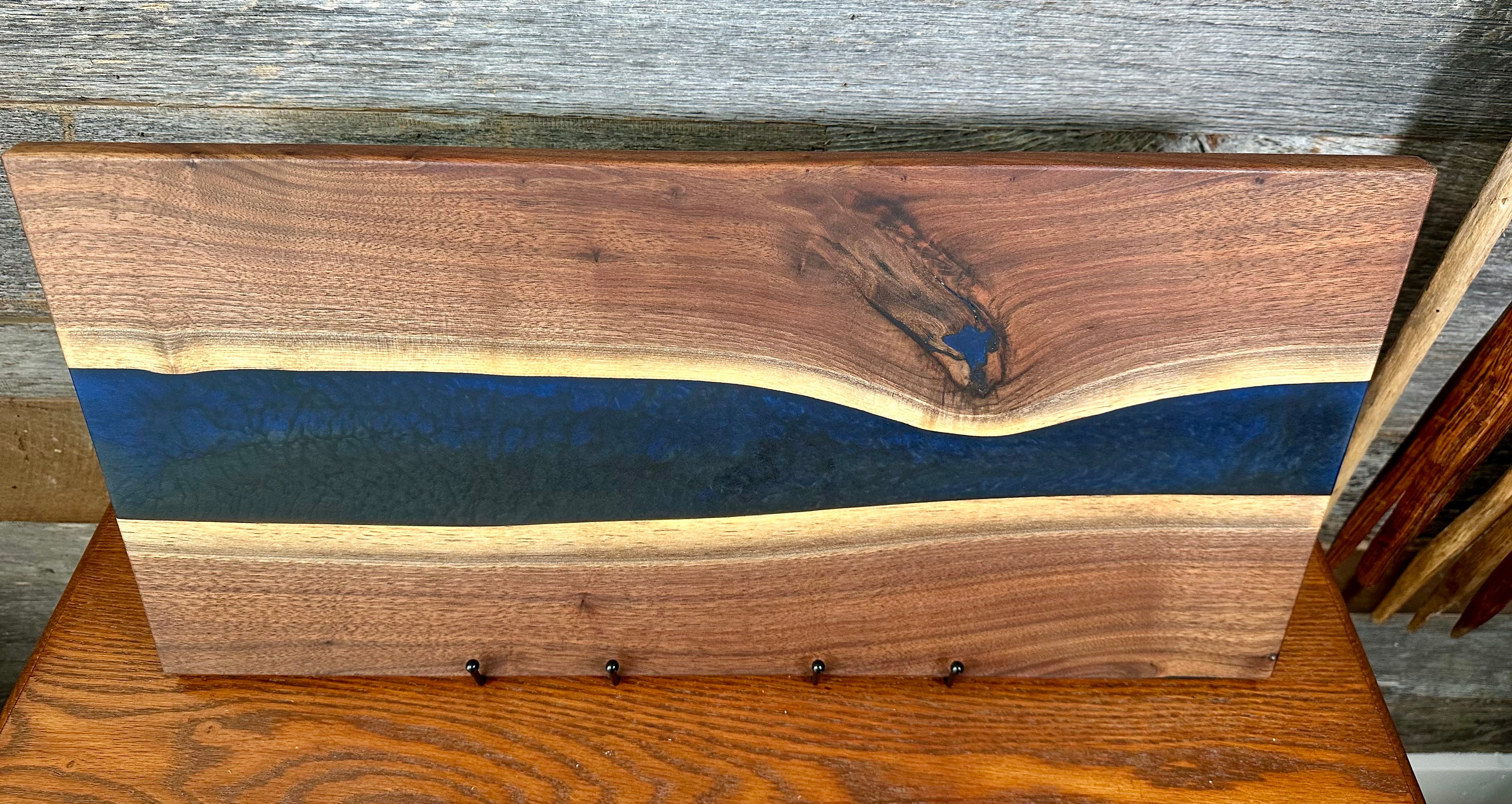 Handcrafted Black Walnut Charcuterie Board with Dark Blue Resin Center with Feet