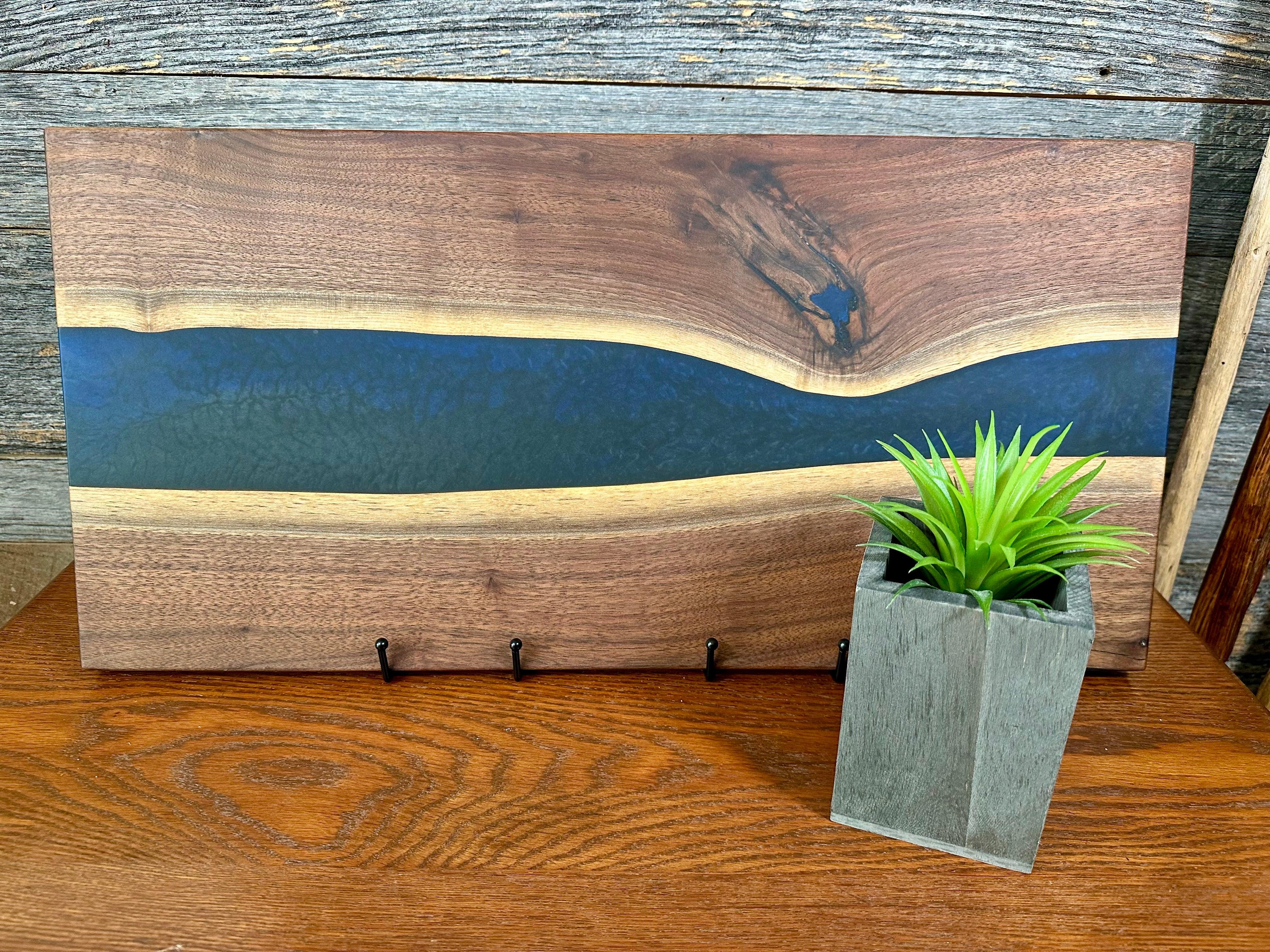 Handcrafted Black Walnut Charcuterie Board with Dark Blue Resin Center with Feet