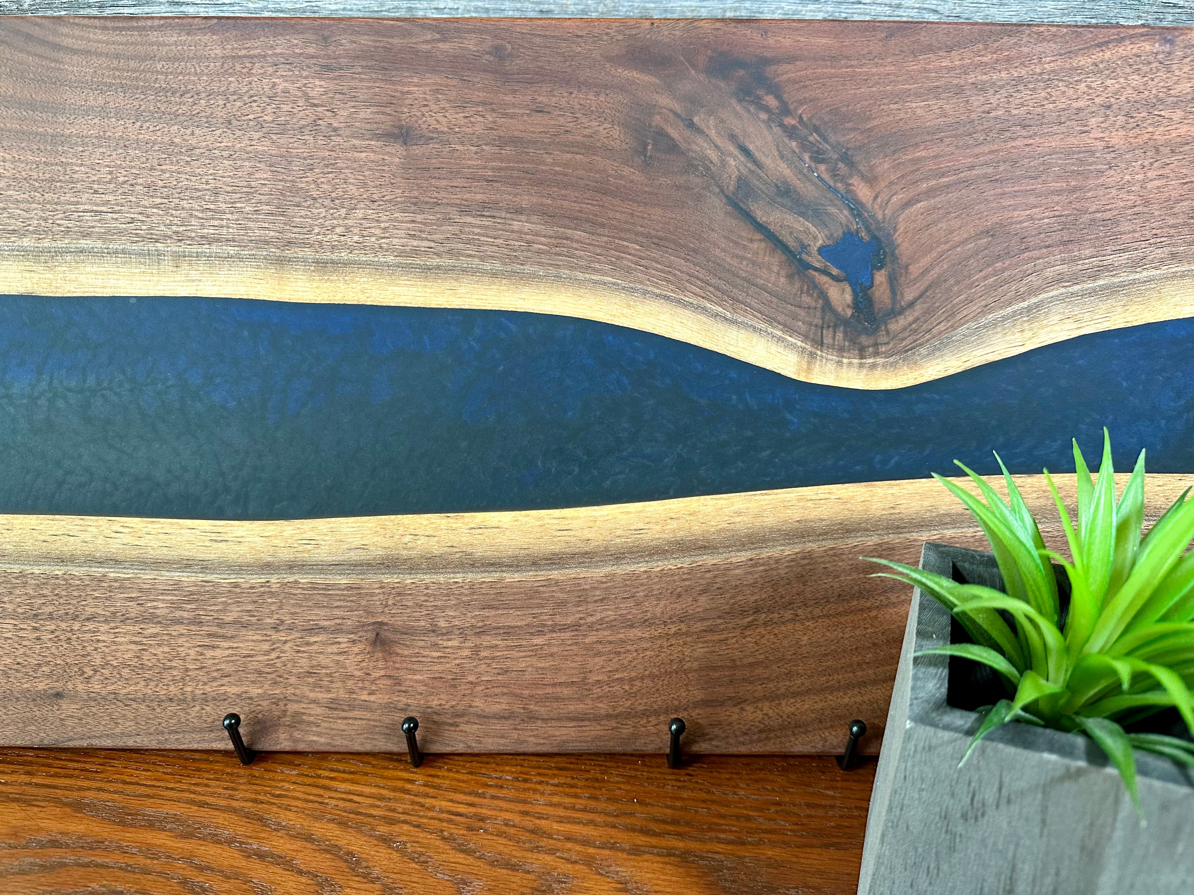 Handcrafted Black Walnut Charcuterie Board with Dark Blue Resin Center with Feet