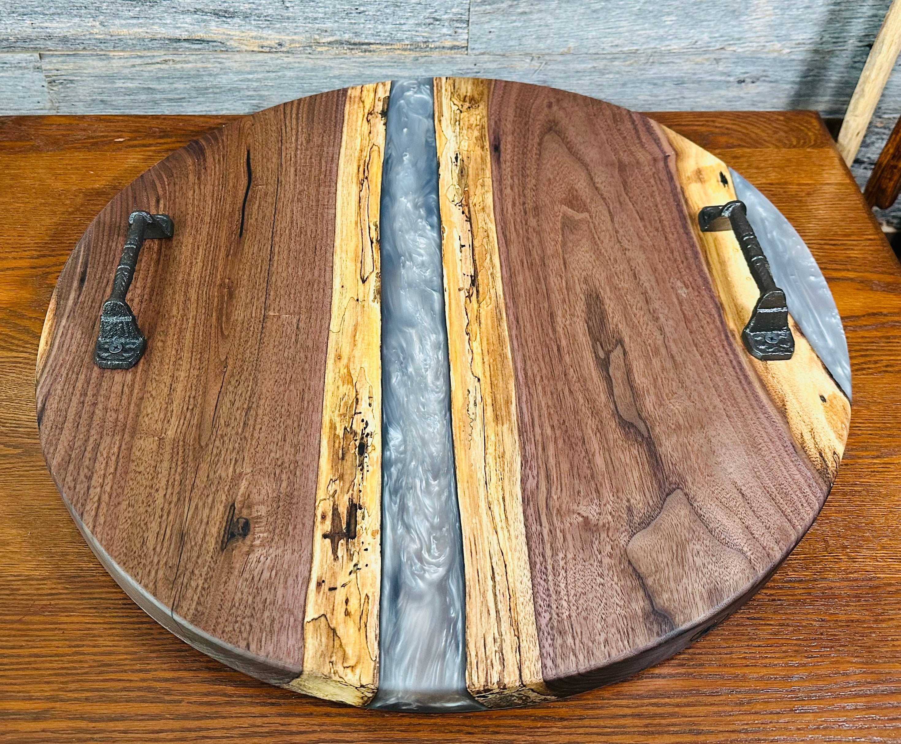 Handcrafted Black Walnut and Mother of Pearl Resin Serving Tray