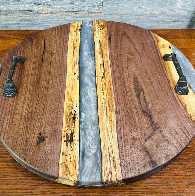 Handcrafted Black Walnut and Mother of Pearl Resin Serving Tray