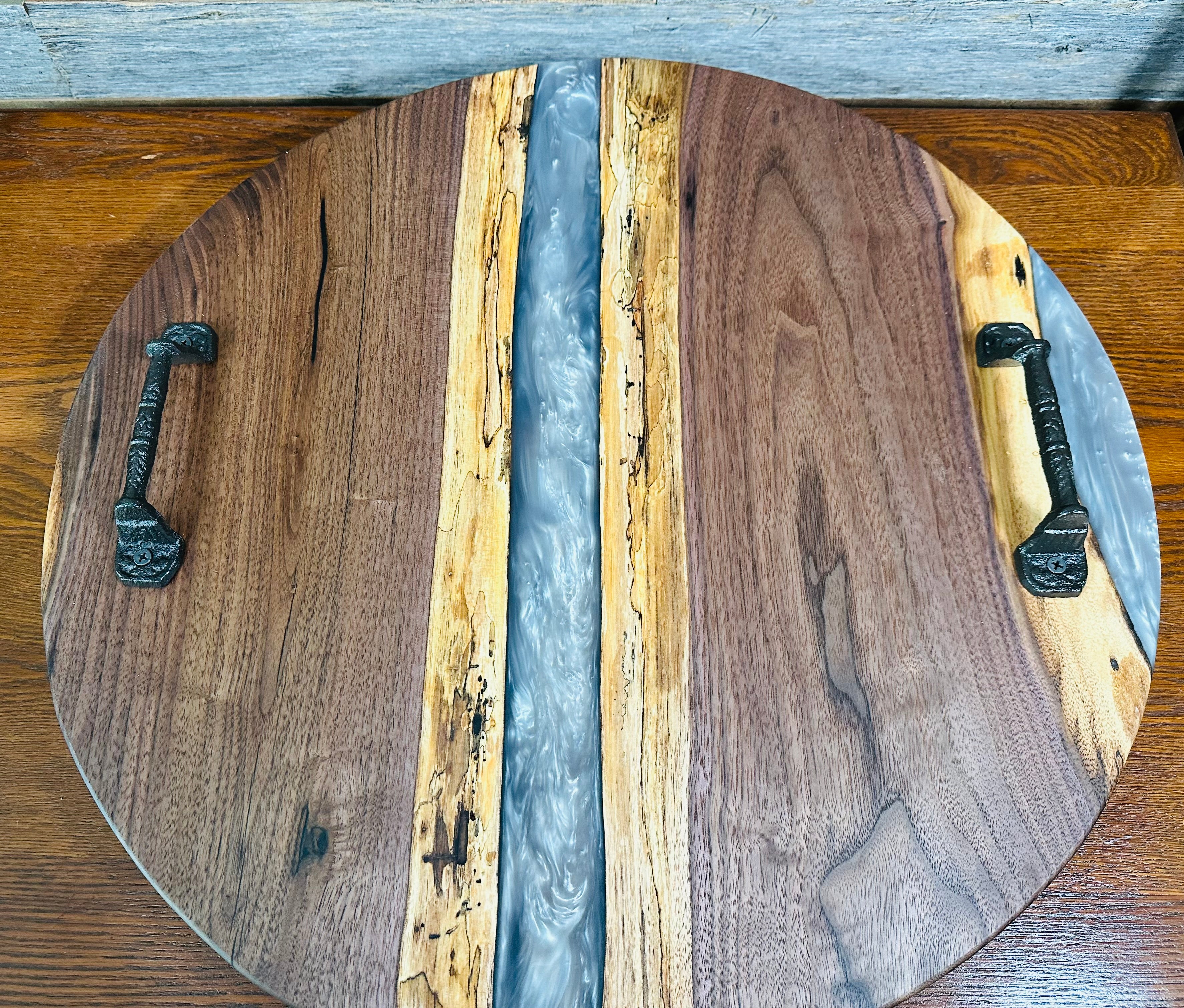 Handcrafted Black Walnut and Mother of Pearl Resin Serving Tray