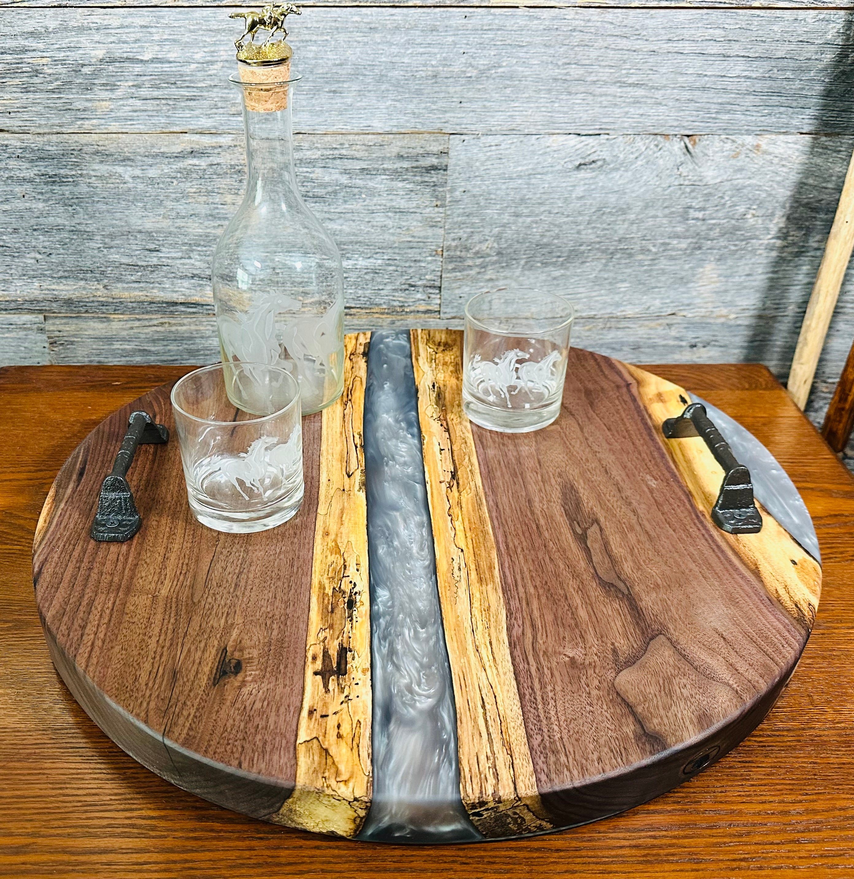 Handcrafted Black Walnut and Mother of Pearl Resin Serving Tray