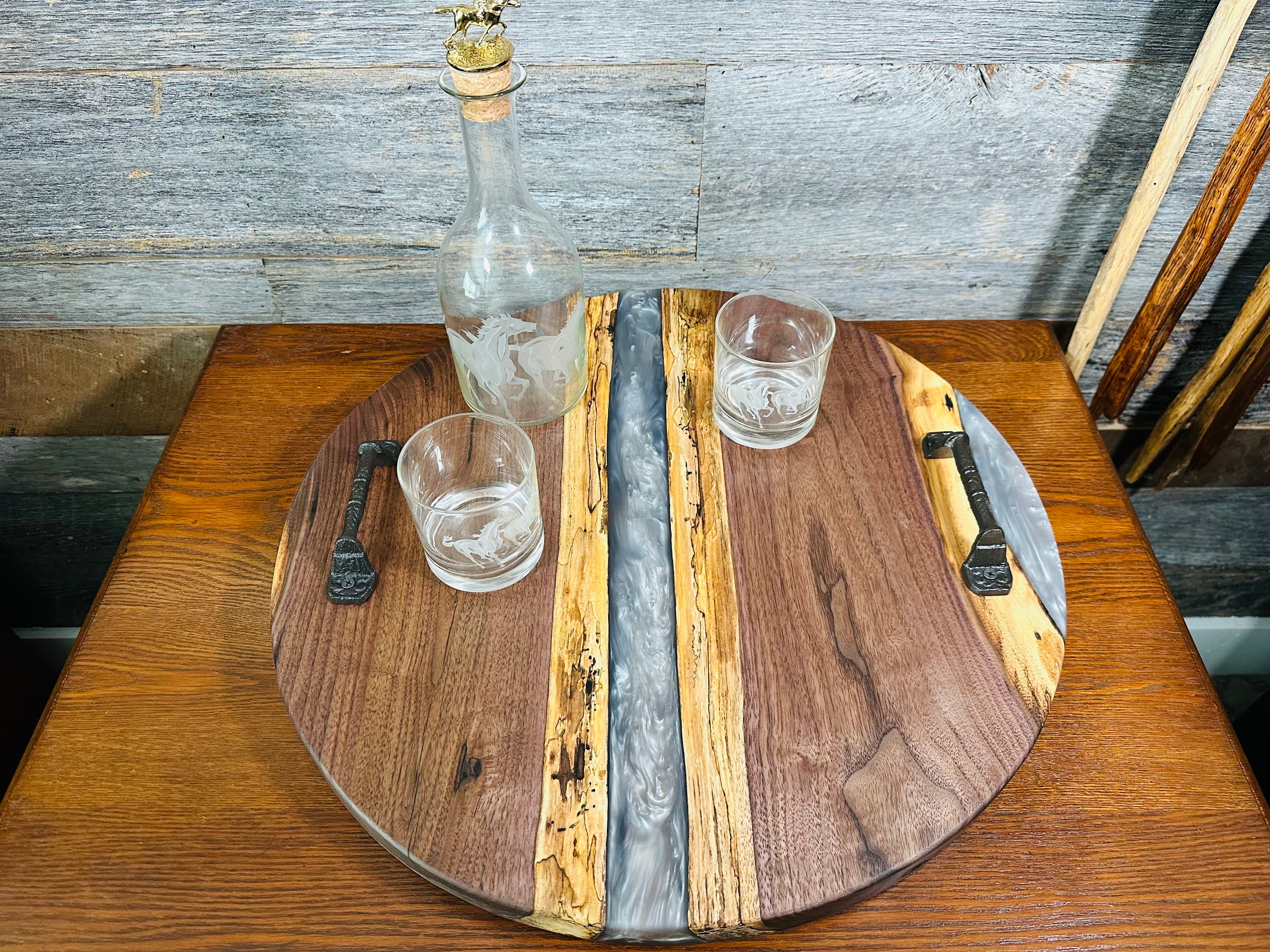 Handcrafted Black Walnut and Mother of Pearl Resin Serving Tray