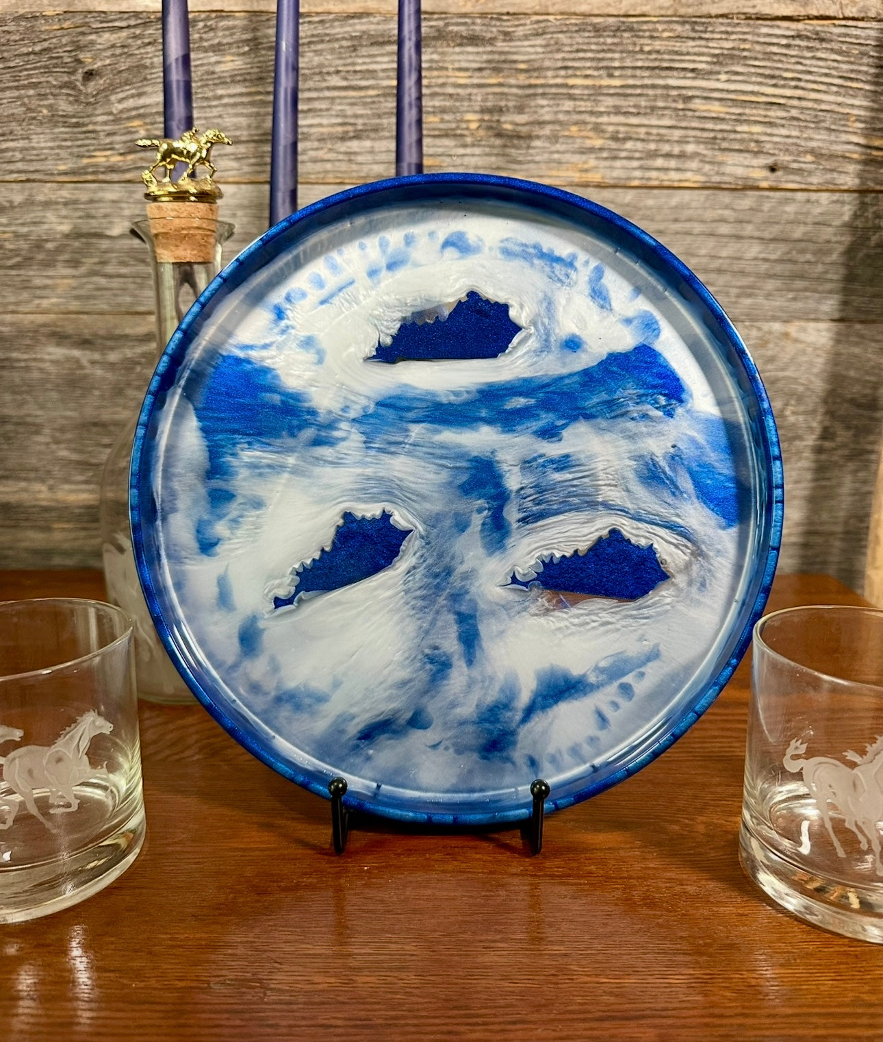 Handcrafted Kentucky Blue and White Round Resin Decorative Trays